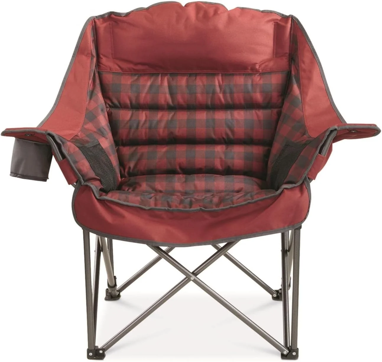 Oversized Extra Large Padded Camping Chair, Portable, Folding, Large Camp Lounge Chairs for Outdoor, Adults, Men and Women, Heavy-Duty 400 Pound Capacity, with Cup Holder Red Plaid
