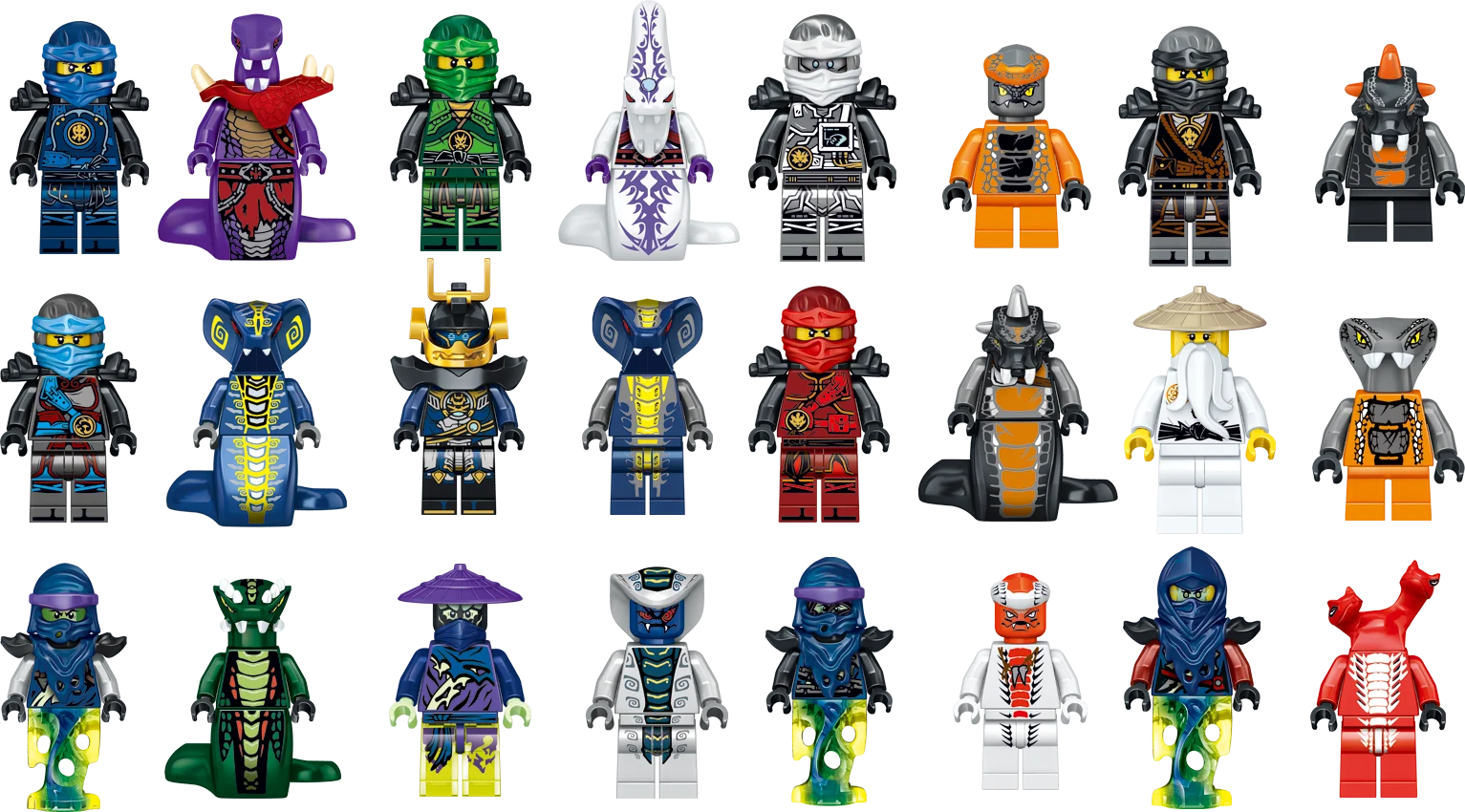 24Pcs Ninjago Minifigures Building Blocks Toys Set Serpentine Kai Jay Sensei Wu Master Custom action figures