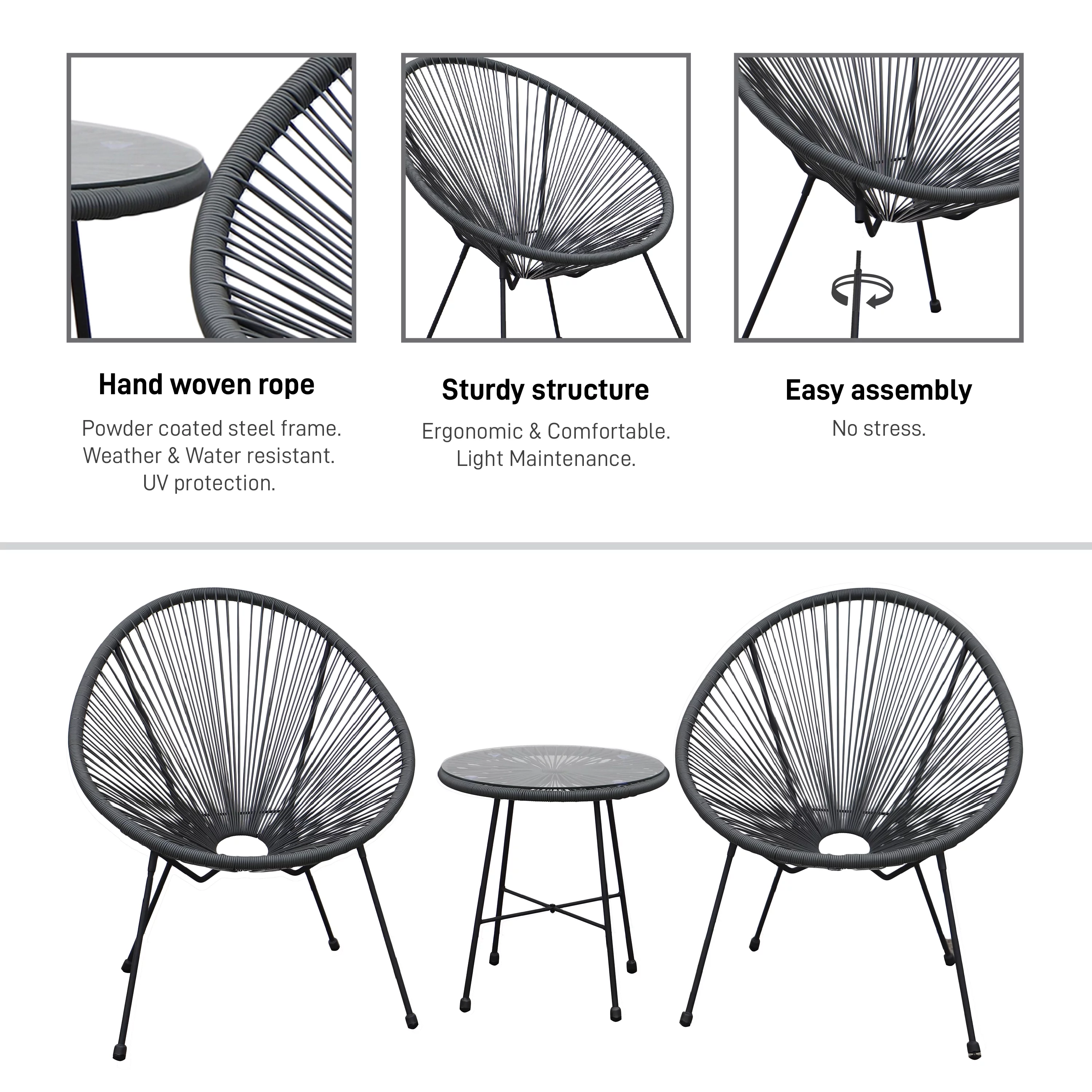 DUKAP Sassio 3 Piece Conversation Patio Set in Gray