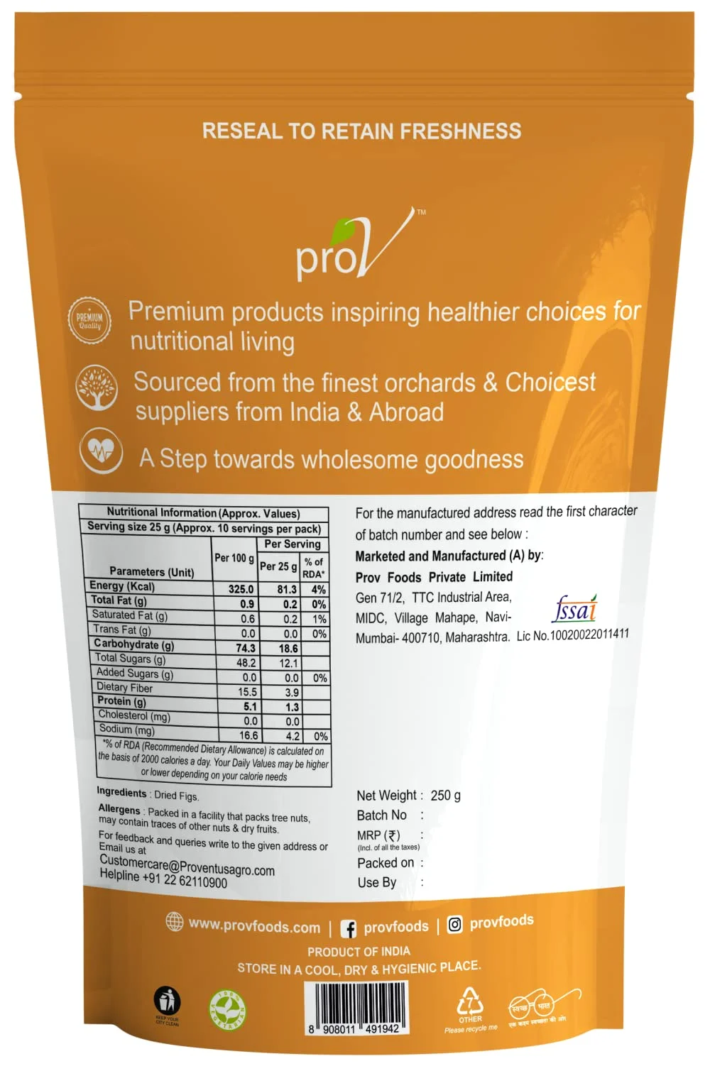 Prov Premium - Figs 250Gm| Dried Fig-Anjeer| Rich In Antioxidants| Good For Healthy Bp & Digestion| Healthy & Tasty Figs|Chef Sanjeev Kapoor'S Choice Brand