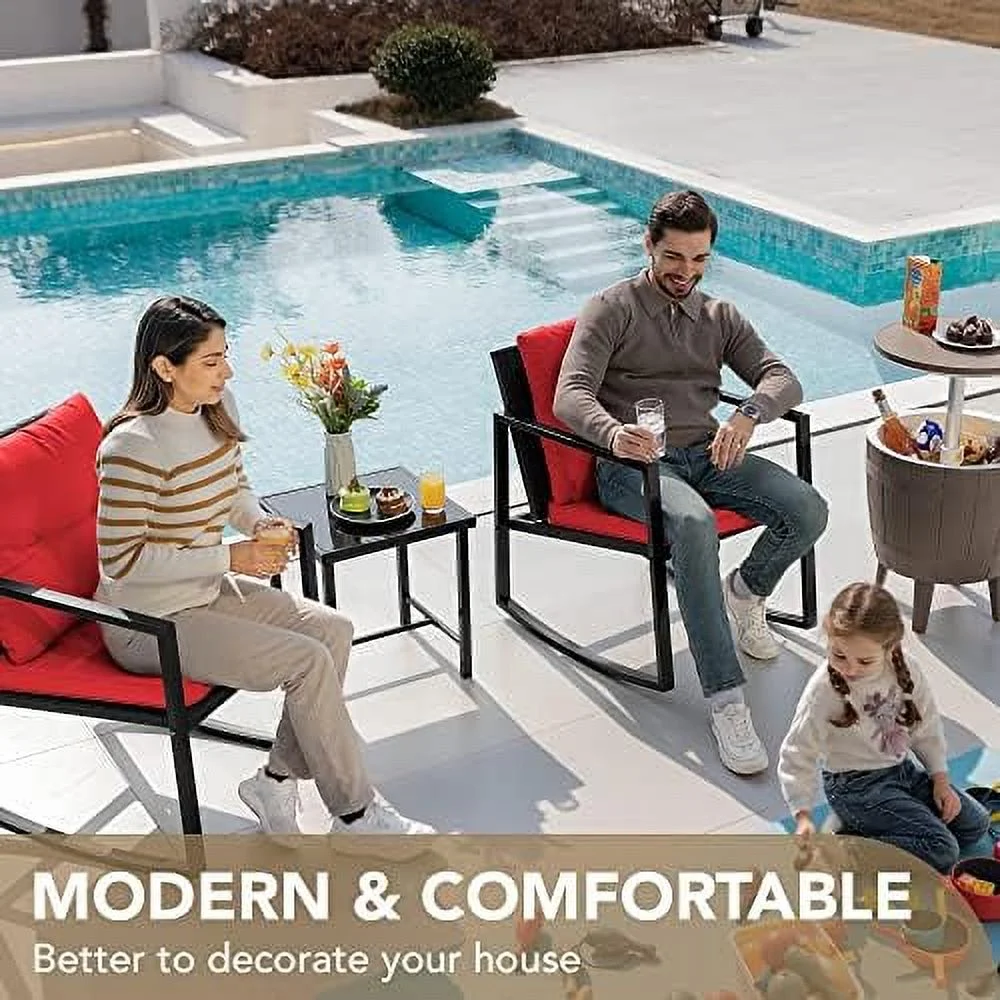 GEROBOOM 3 Piece Rocking  Wicker Patio Outdoor  Porch Chairs Conversation Sets with Glass Coffee Table (Blue)