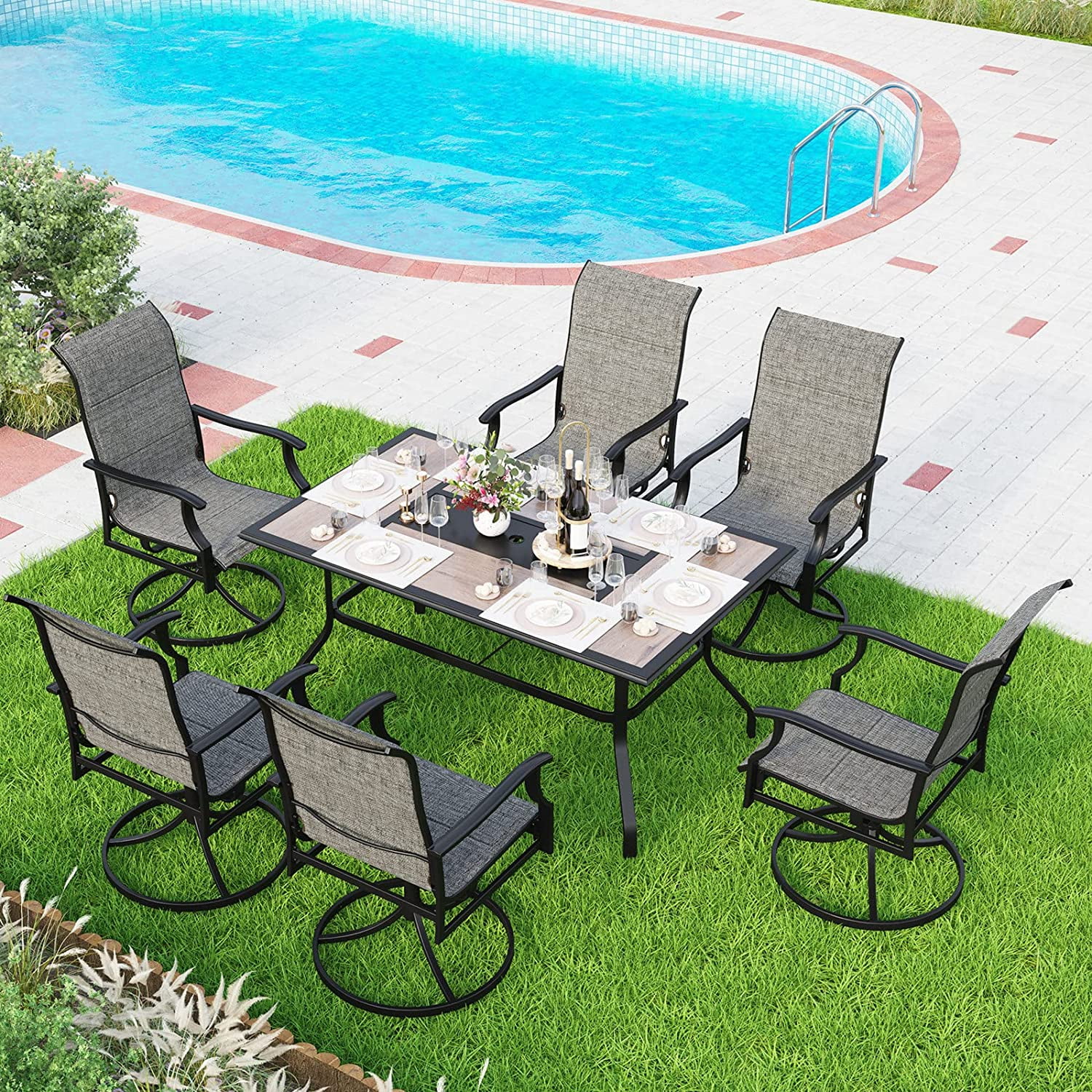 7 Pieces Patio Dining Set  Rectangular Black Metal Table with 6 Padded Textilene Fabric Swivel Chairs  Outdoor Furniture Set with Umbrella Hole for Garden  Poolside  Backyard  Porch