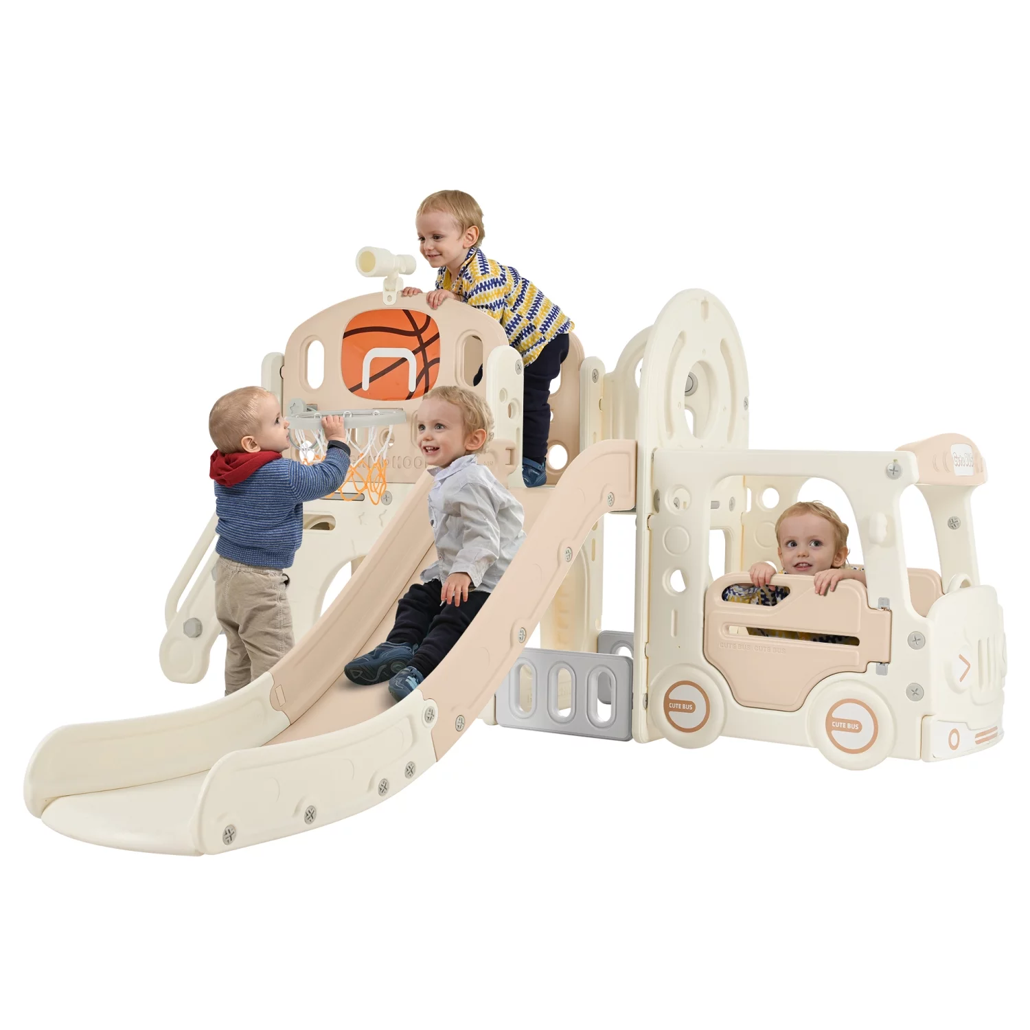 Ideal for Toddlers  this Perfect Freestanding Castle Climbing Crawling Playhouse offers ultimate fun and excitement. Featuring a Realistic Bus Model  Fun Arch Tunnel  and an Exciting Ring