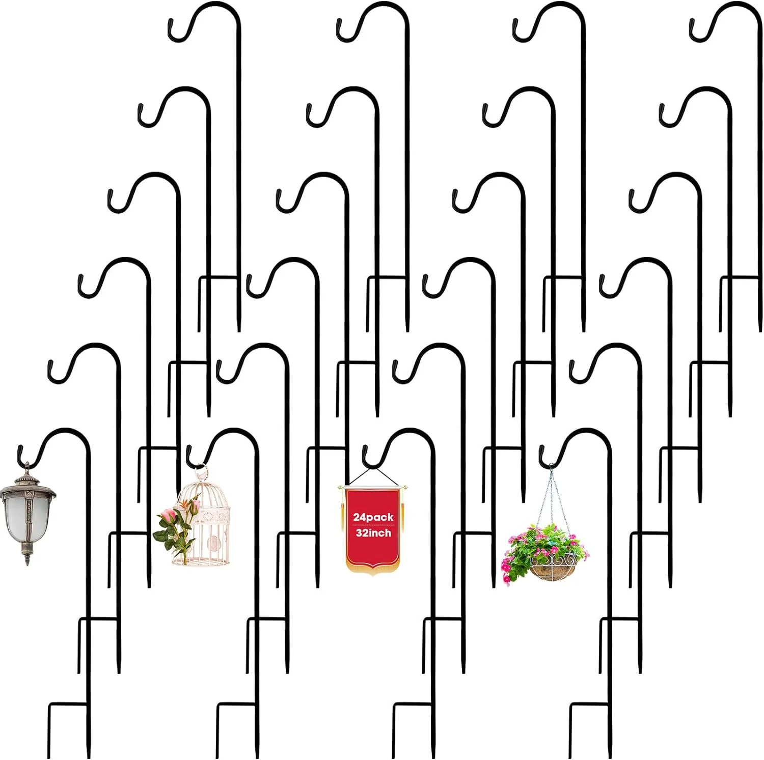 24 Pack Shepherds Hooks Outdoor Plant Hanger Hook 32 Inch Metal Shepherd's Hook Black Garden Bird Feeder Pole for Hanging Solar Lanterns Flower Basket Jars Christmas Lights Wedding Decor