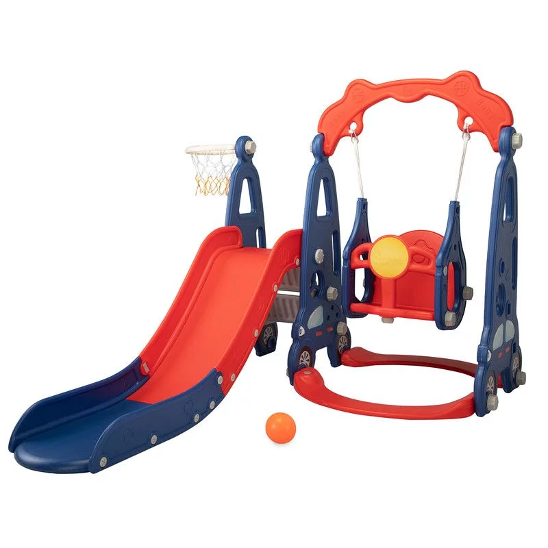 MOCA  3-in-1 Toddler Climber Slide ＆ Swing Set - Extra Long Play Slide Playset for Indoor Outdoor Backyard with Basketball Hoop, Red +Blue