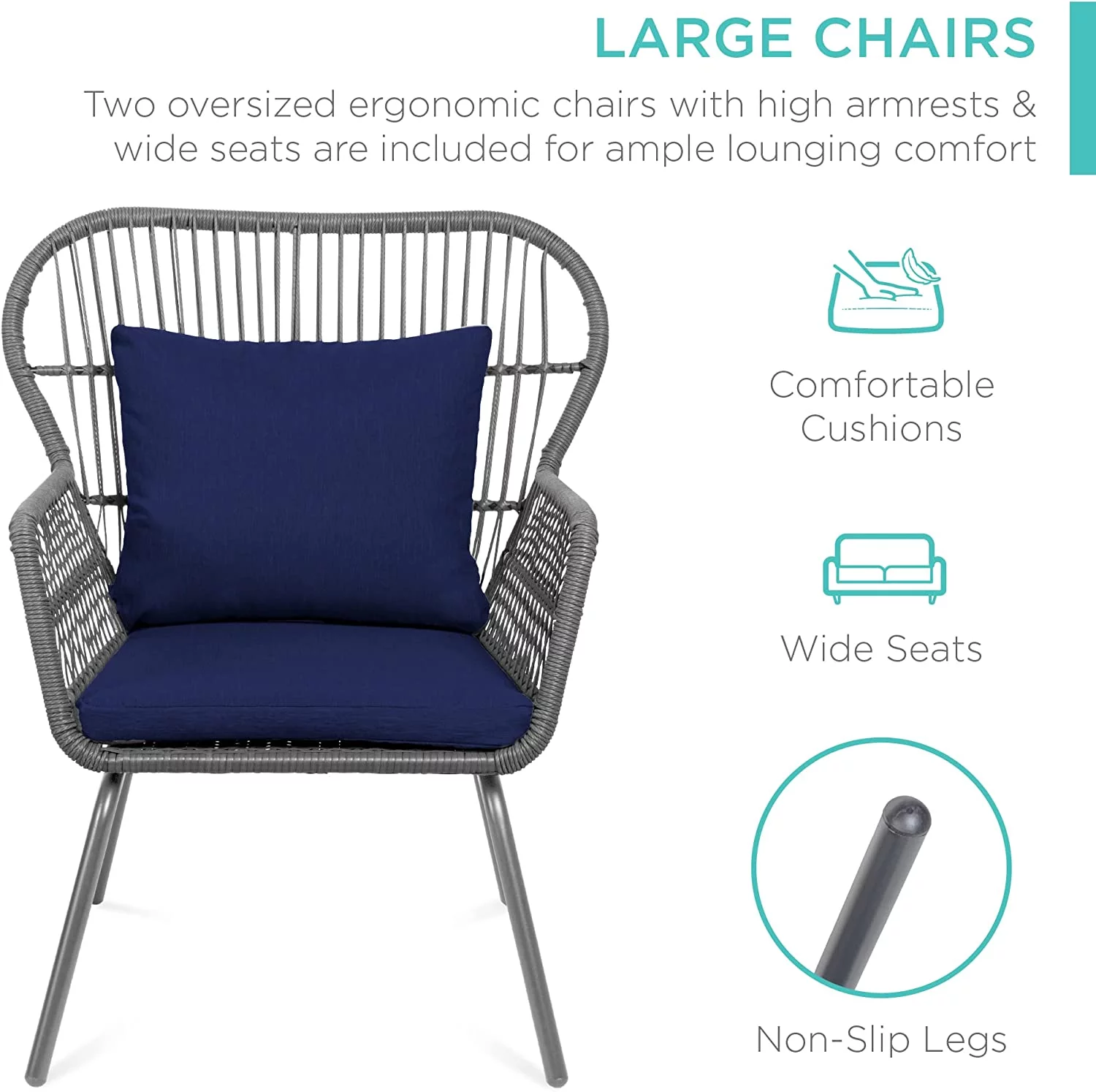 3-Piece Patio Conversation Bistro Set, Outdoor All-Weather Wicker Furniture for Porch, Backyard w/ 2 Wide Ergonomic Chairs, Cushions, Glass Top Side Table - Gray/Navy