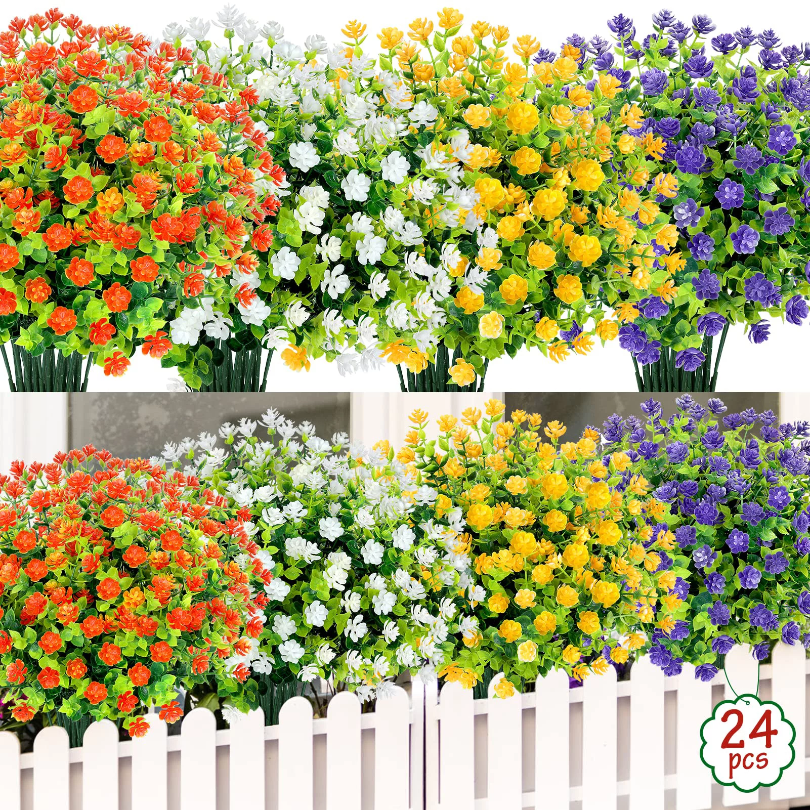 24 Bundles Artificial Flowers Outdoor Fake Flowers for Home Decoration, UV Resistant Faux Plastic Greenery Shrubs Plants for Hanging Garden Porch Window Box Decor 4 Colors