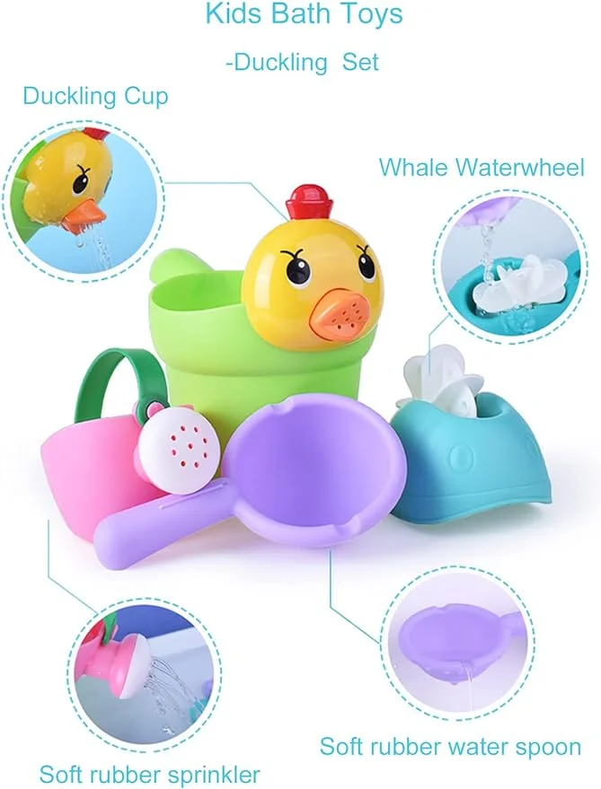 Kidsol Yellow Duck Kids Bath and Water Play 4 Piece Shower Water Bottle Set Soft Rubber Beach Bucket Toy Bath Cup, Whale Water Wheel, Water Spoon, Spray Kettle