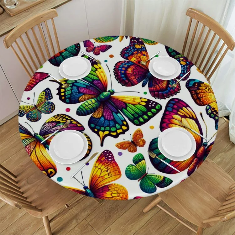 Nawypu  Fitted Round Tablecloth with Elastic Edge Wipe Clean Watercolor Butterfly Flying Table Cloth for Outdoor/Indoor Use