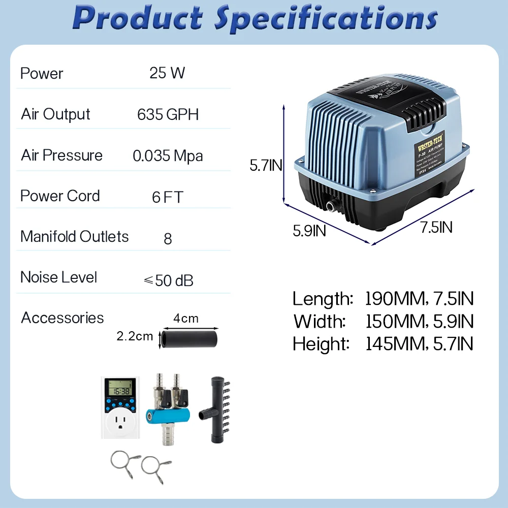 Air Pump Aerator with Timer Pond Aeration Koi Septic Pond Aquarium Water Garden up to 10000 Gallon IPX4 Waterproof