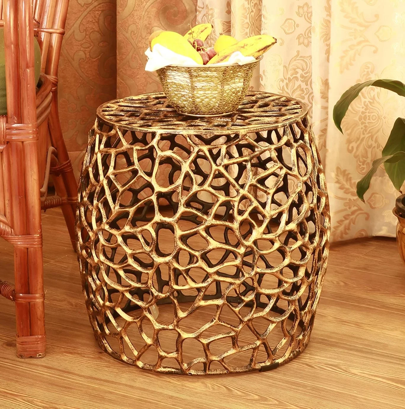 Branch and Lattice Pattern Antique Bronze Metal Garden Stool