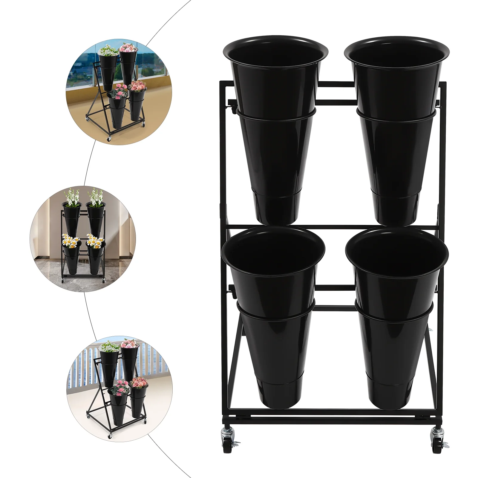 Flower Display Stand with Buckets, Moving Plant Stands with Wheels, Garden Plant Cart Shelf, Florist Bouquet Shelf, Flower Holder for Home Wedding (3-Tier White Shelves + 12PCS White Buckets)