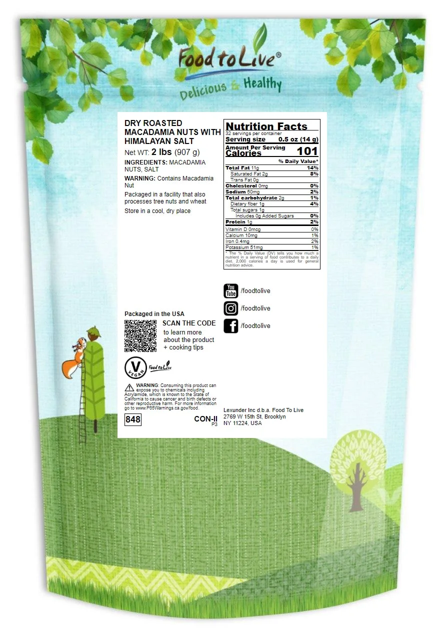 Dry Roasted Macadamia Nuts with Himalayan Salt, 2 Pounds — Vegan — by Food to Live