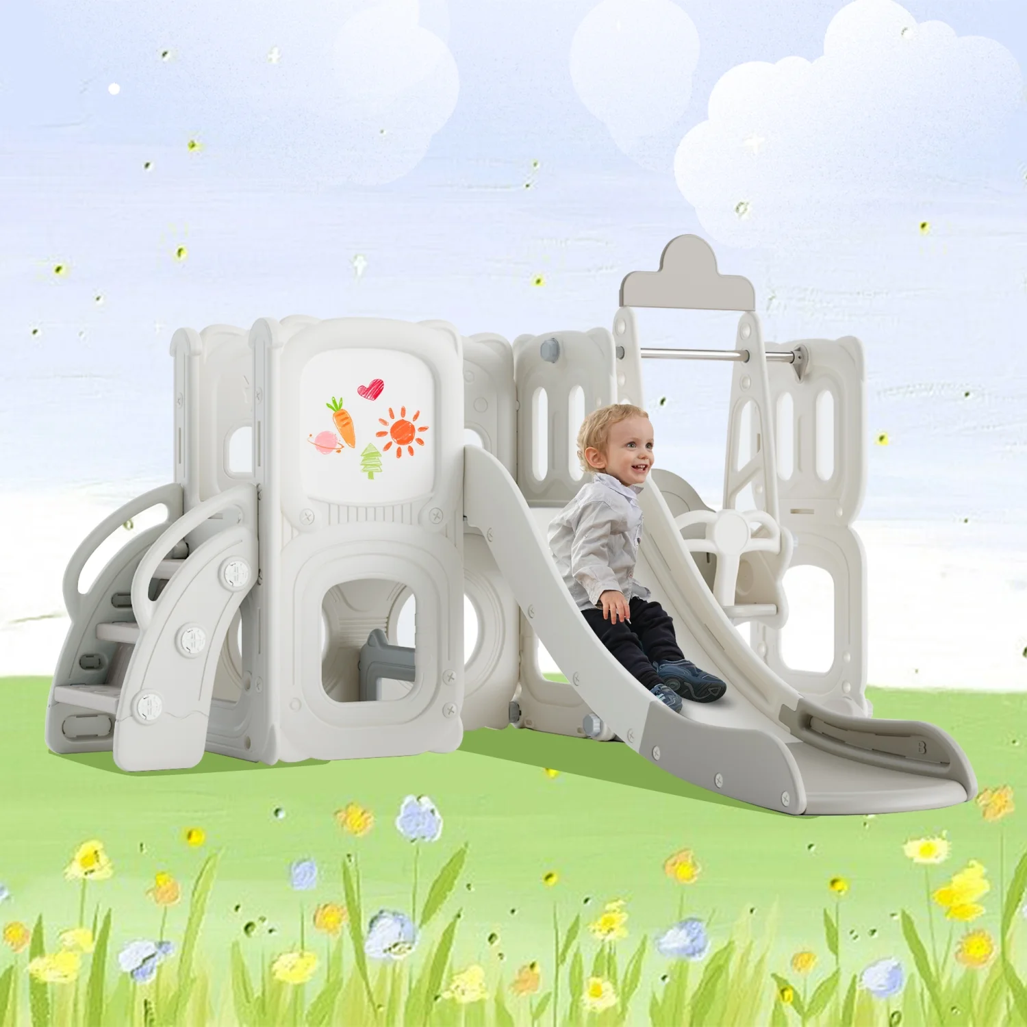 Exciting 5-in-1 Toddler Slide and Swing Set - Perfect Combination for Babies - Freestanding Kids Playground Climber with Whiteboard Drawing Playset - Slide and Swing Set Offering Endless