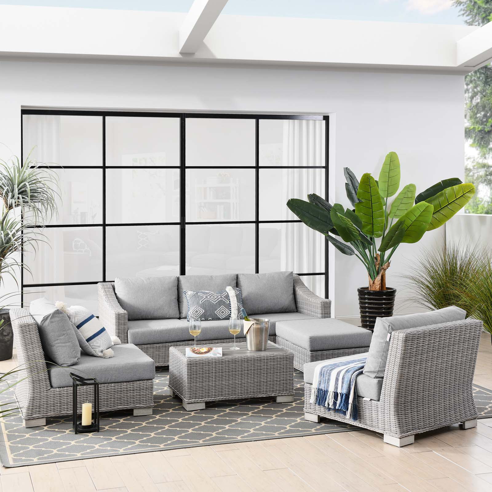 Modway Conway 5-Piece Outdoor Patio Wicker Rattan Furniture Set in Light Gray Gray