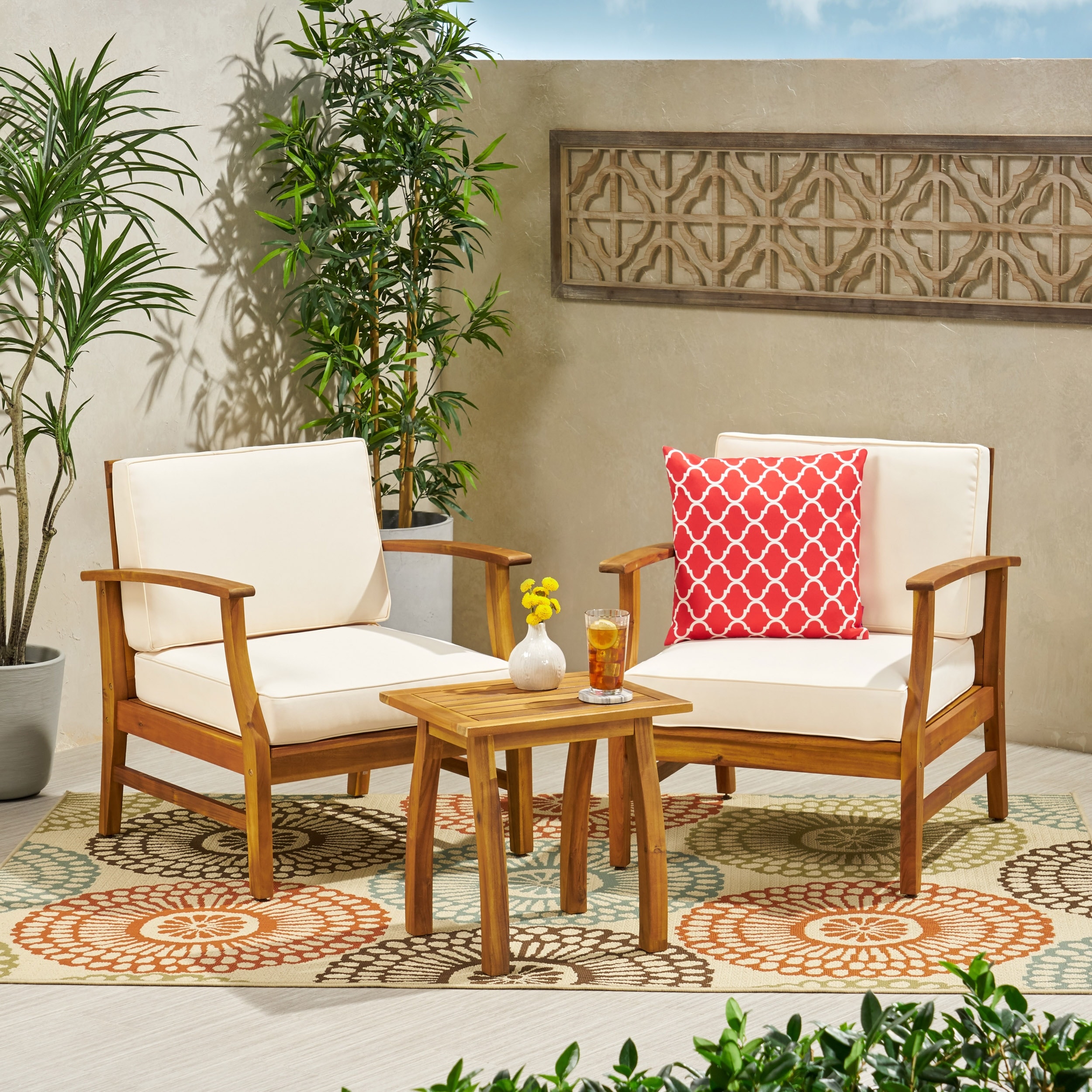 Christopher Knight Home Perla Outdoor 2 Seater Acacia Wood Chat Set with Cushions by  Brown, Green