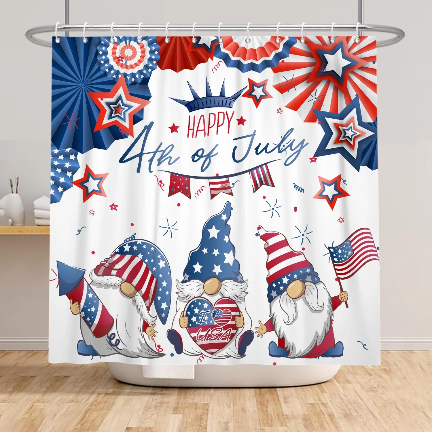 SUNOLIFE 4th of July Shower Curtain,Patriotic Independence Day Gnome Waterproof Fabric Bathroom Curtain with Hooks,72x72 in