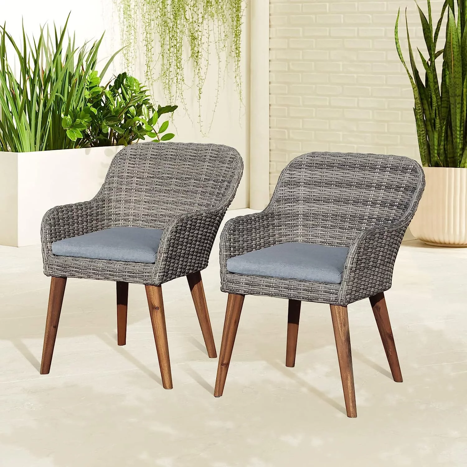 Elegant Elegant Dining Chairs Set of 2 with Wood Legs, Outdoor Rattan Wicker Chairs with Seat Cushions for Lawn, Deck, Porch, Balcony, Backyard and Garden, Grey