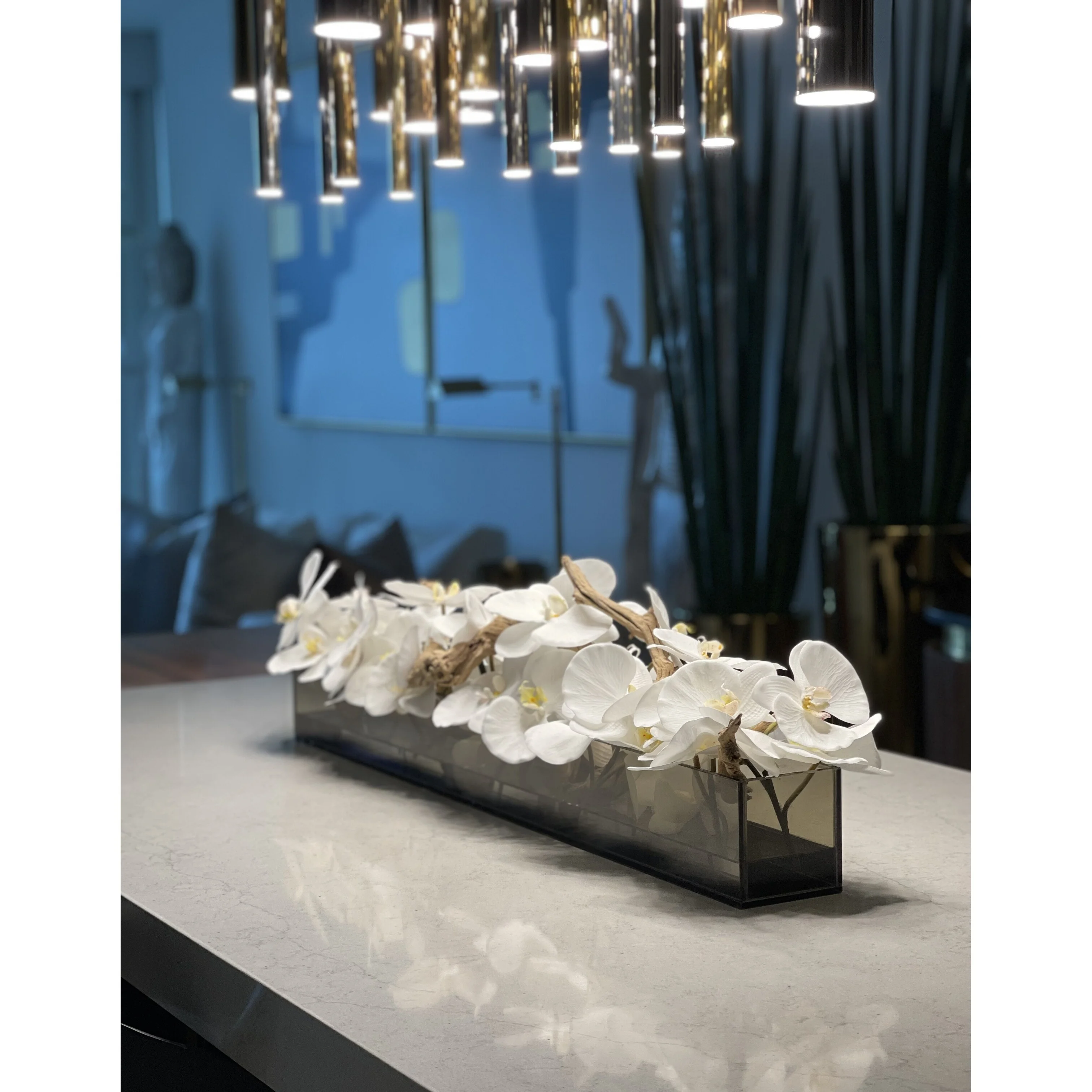 36 Inch Casa Moderna Black Tinted Glass Plate Planter with white Phalaenopsis orchids 48