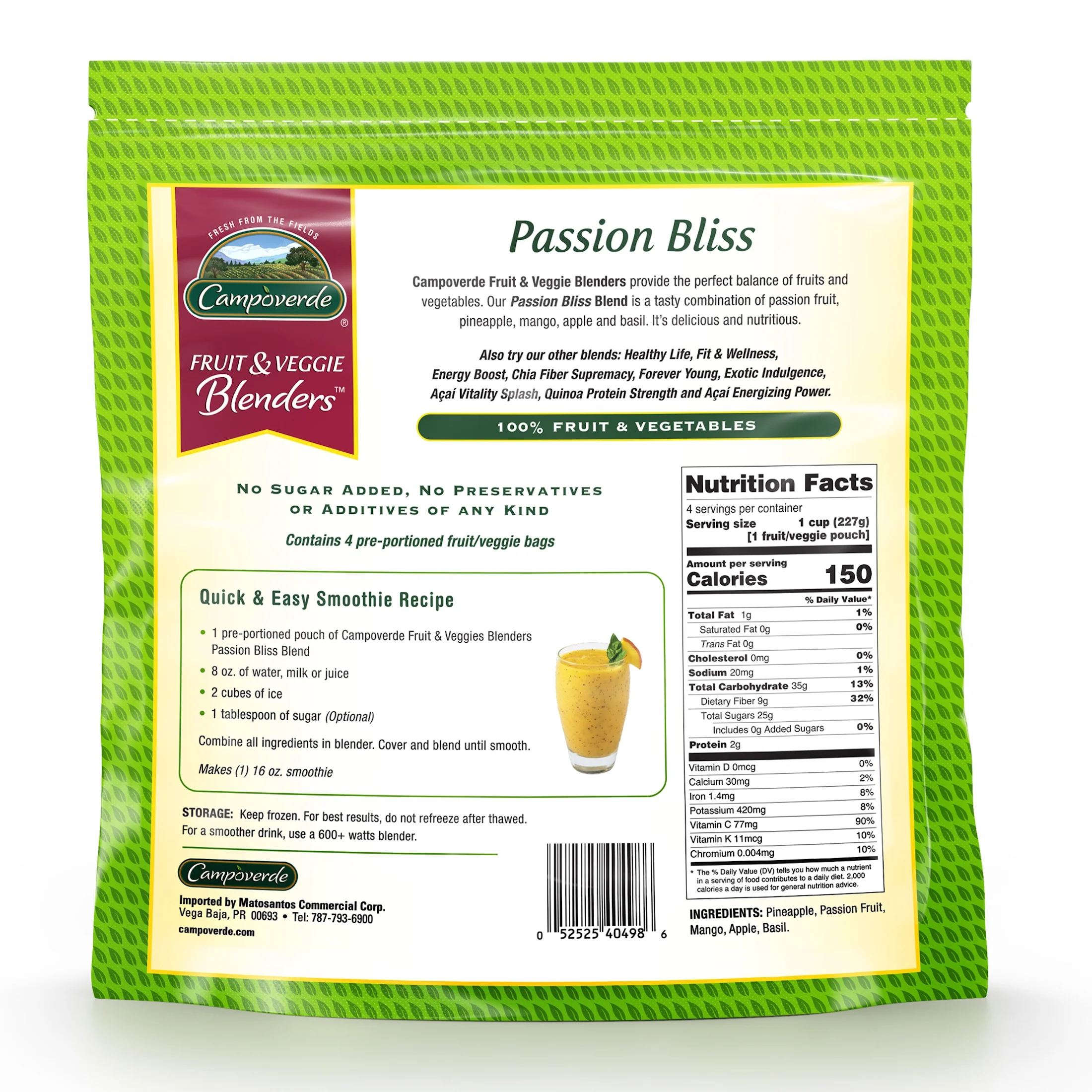 Campoverde Frozen Fruit & Veggie Smoothie 4 Pack, Passion Bliss 32oz Bag with Passion Fruit