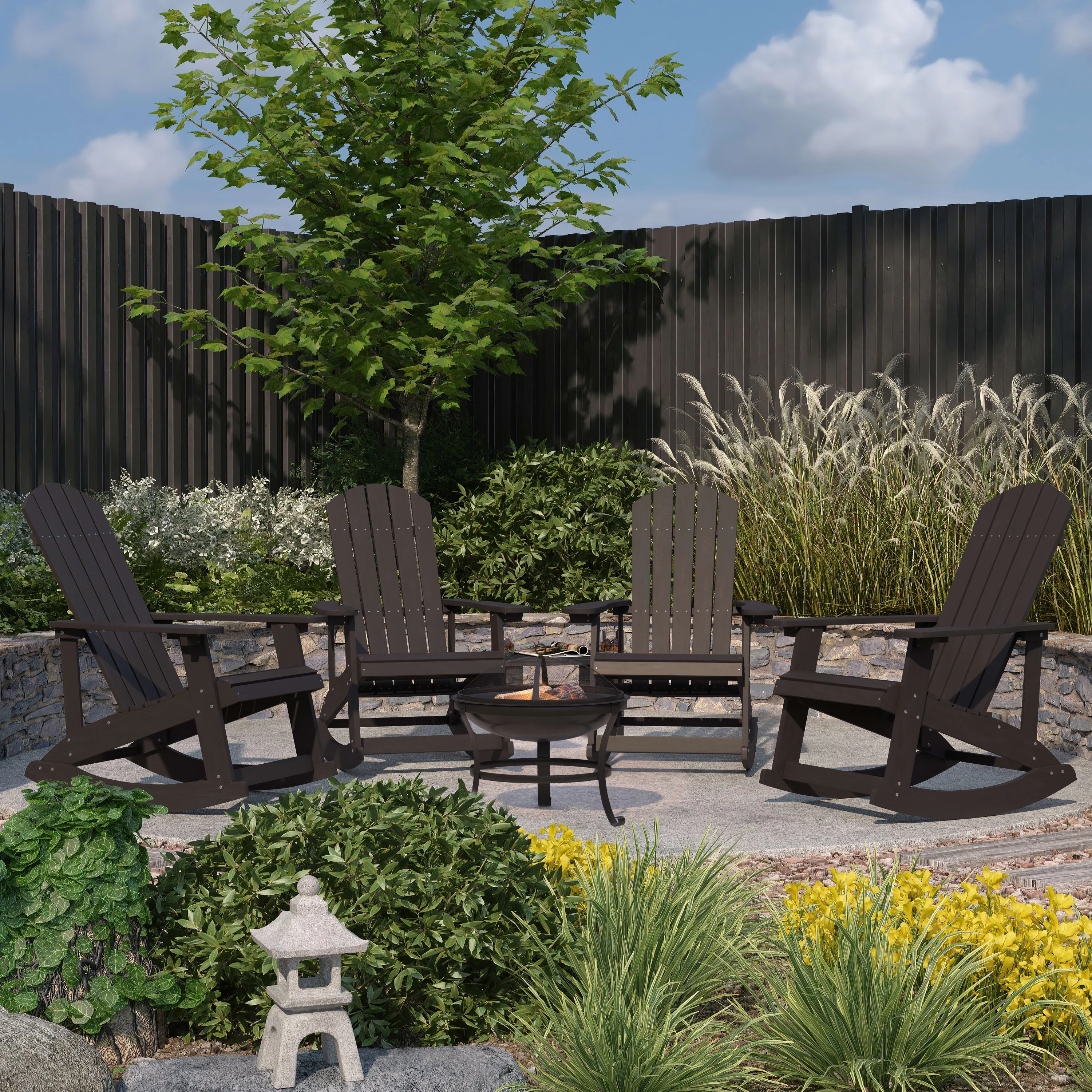 Merrick Lane 3 Piece Outdoor Set with 4 Black Classic Adirondack Rocking Chairs & Wood Burning Fire Pit with Poker/Spark Screen