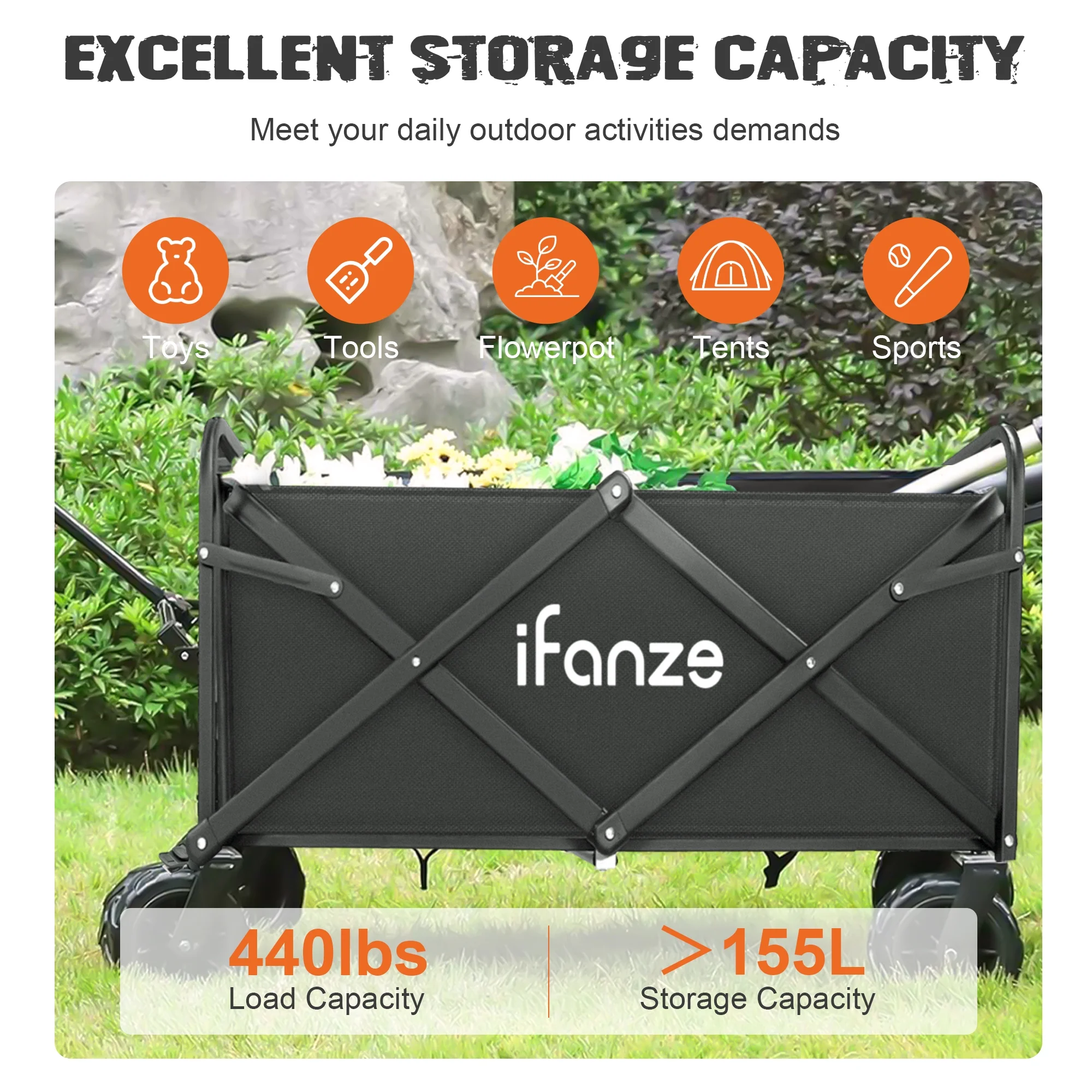 Ifanze Large Collapsible Folding Wagon, 440 lbs Heavy Duty Big Bucket Utility Garden Cart with Oversized Wheels for Sports, Shopping, Camping, Black