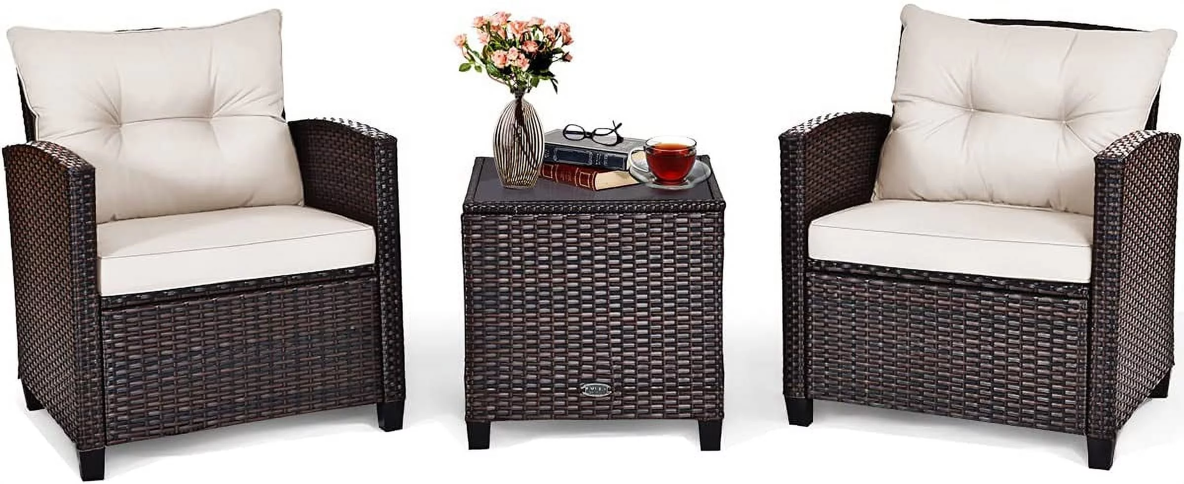 3 Pieces Patio Furniture Set  PE Rattan Wicker 3 Pcs Outdoor Sofa Set w/Washable Cushion and Tempered Glass Tabletop  Conversation Furniture for Garden Poolside Balcony (Beige)