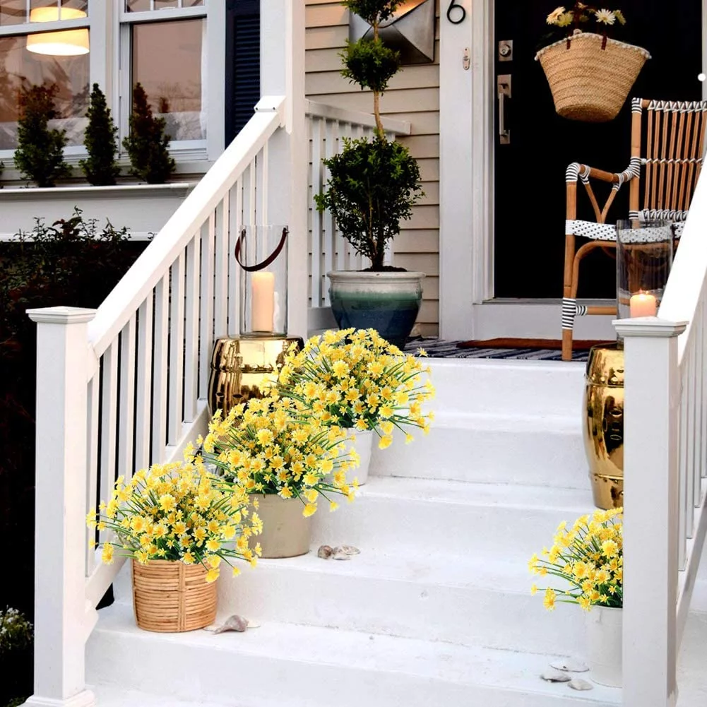 Baumaty 8 Bundles Artificial Flowers, Fake Outdoor UV Resistant Boxwood Shrubs Plants, Lifelike Plastic Flowers for Indoor Outdoors Home Office Garden Wedding Sidewalk Trim Decor (Yellow)