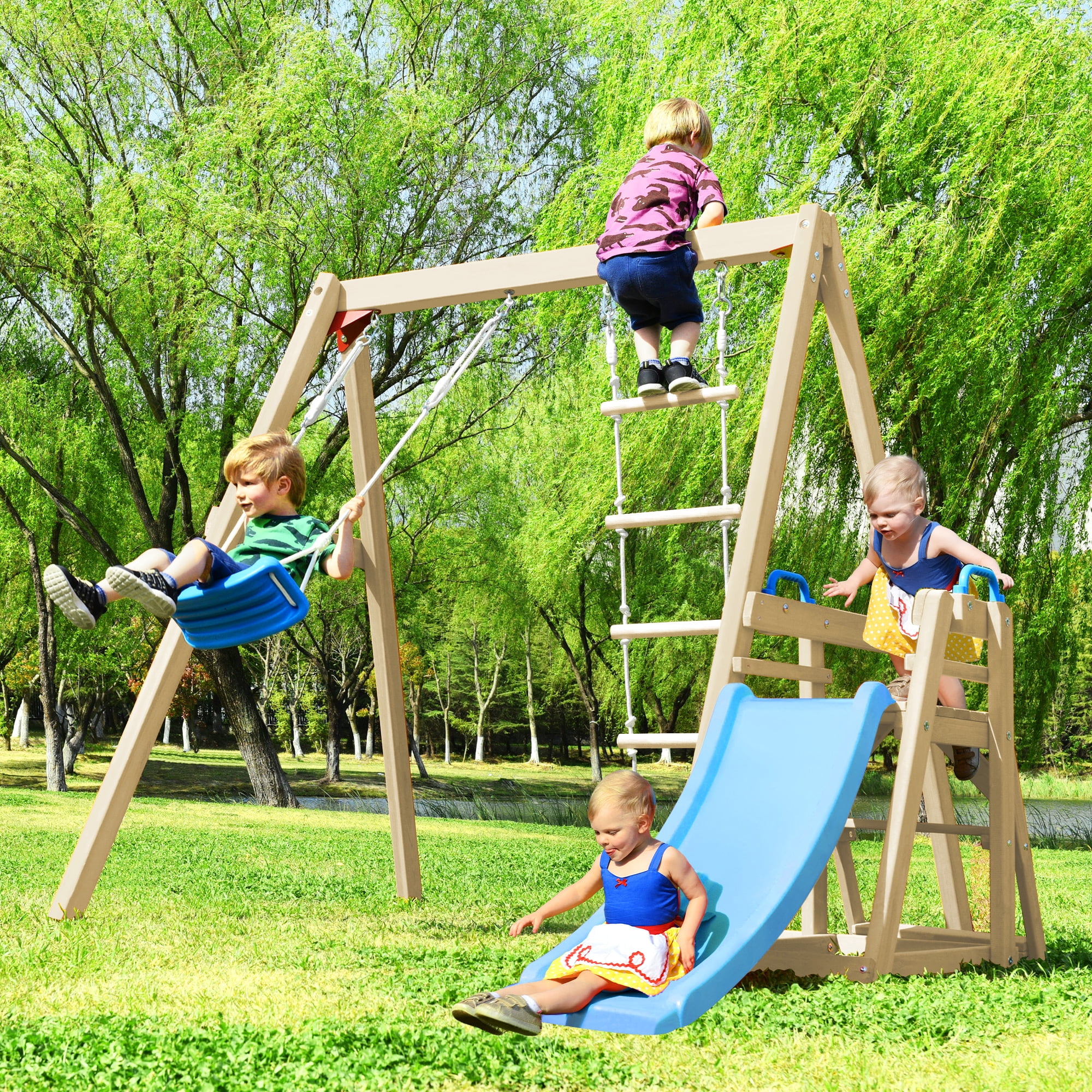 Ufurpie Wooden Swing Set with Slide,Outdoor Playset Backyard Activity Playground Climb Swing Outdoor Play Structure for Toddlers,Ready to Assemble Wooden Swing-N-Slide Set Kids Climbers,Blue