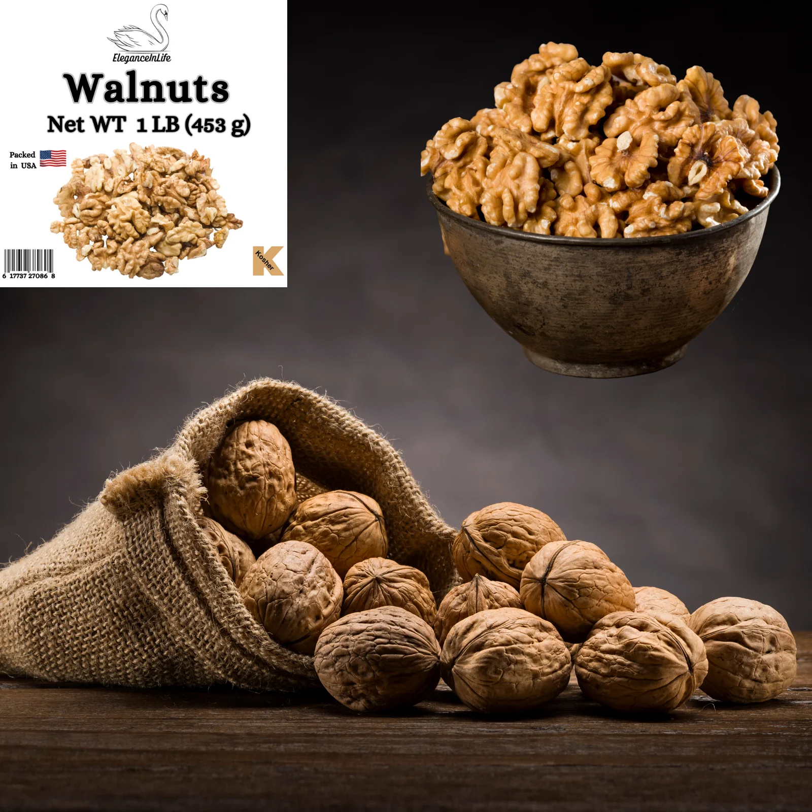 EleganceInLife Walnuts 1 LB 453g Each Fresh ,Packed in USA Pack of 2