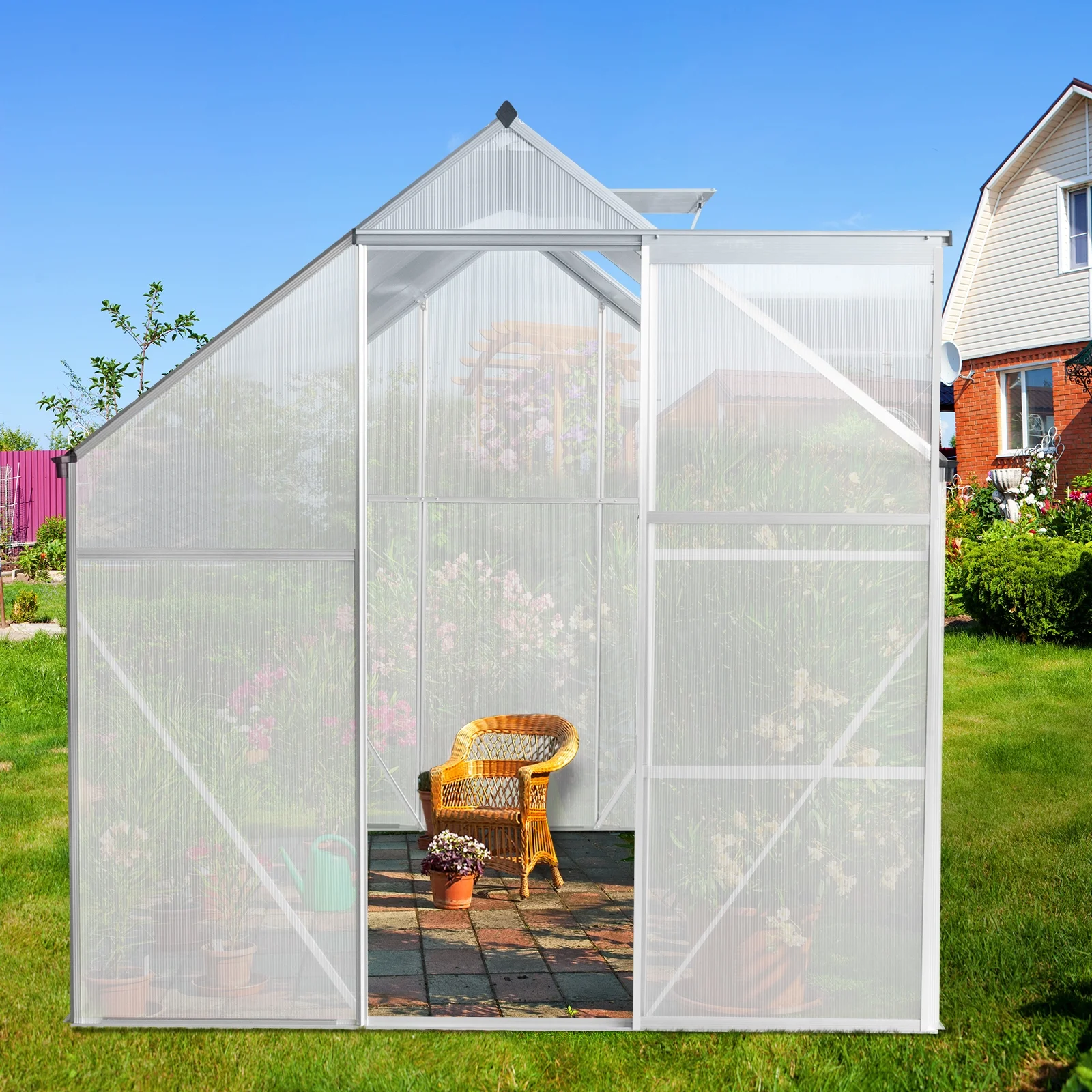 6ft x 8ft Hybrid Polycarbonate Greenhouse with Silver Frame - Durable, Easy Assembly, Weather Resistant - Perfect for Garden Enthusiasts and Beginners
