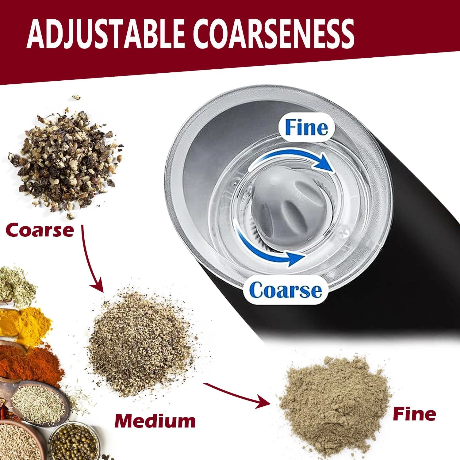 Gravity Electric Pepper and Salt Grinder Set, Adjustable Coarseness, Battery Powered with LED Light, One Hand Automatic Operation, Stainless Steel Black, 2 Pack