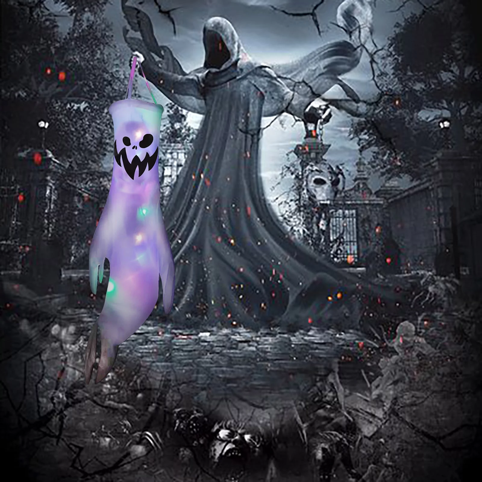 Home Yard Outdoor 43 Inch Luminous Ghost Flag Party Hanging Decoration Acrylic Garland 99 Ft A Ornament Glass Decorations for Window Fireplace Winter Garland *6PCS