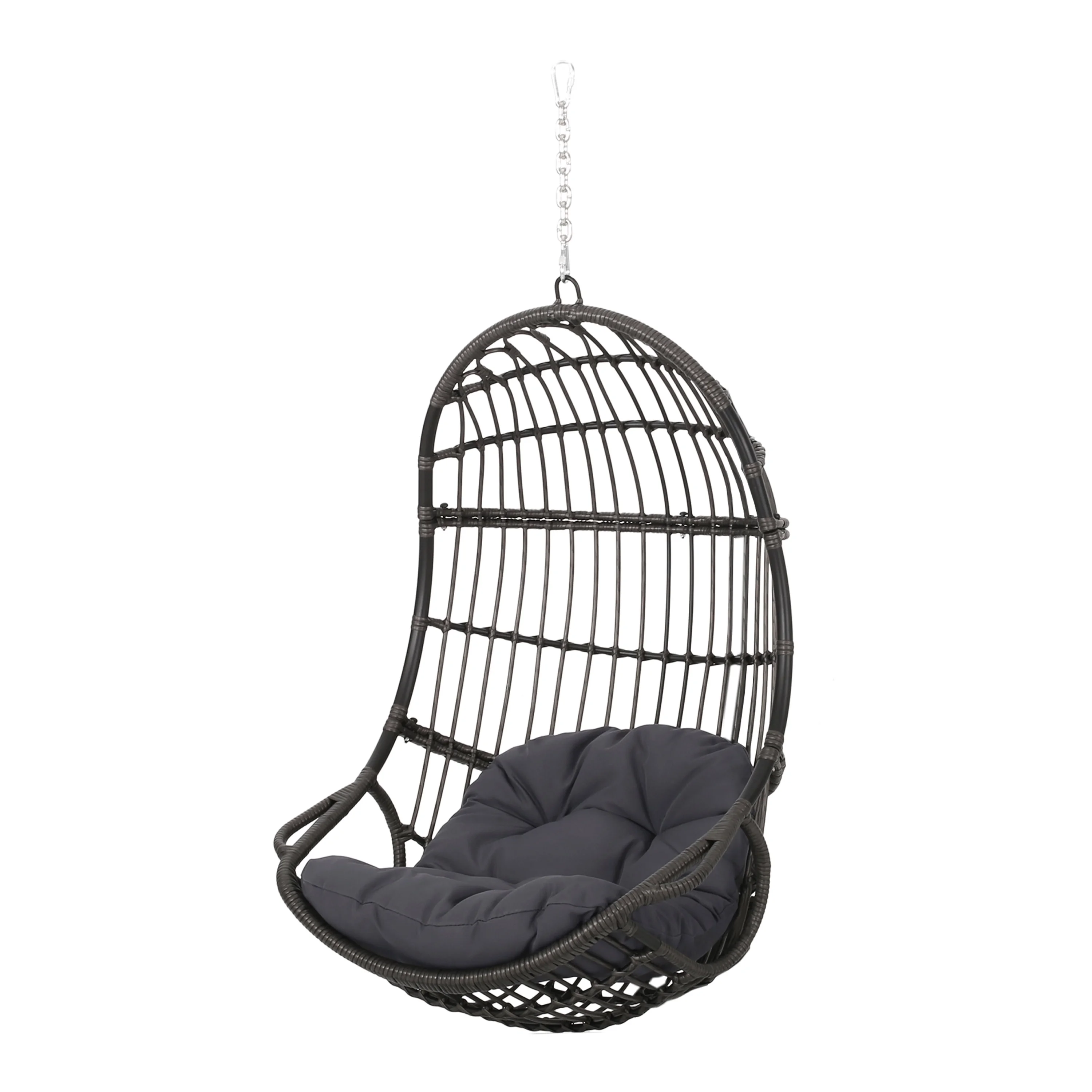 GDF Studio Perry Outdoor Wicker Hanging Basket Chair with Cushions, Gray, Dark Gray