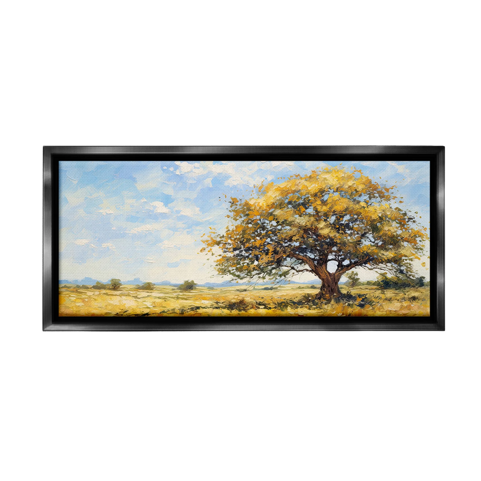 Stupell Industries Sycamore Tree in Field Landscape Painting Black Floater Framed Canvas Art Print Wall Art, 25 x 11