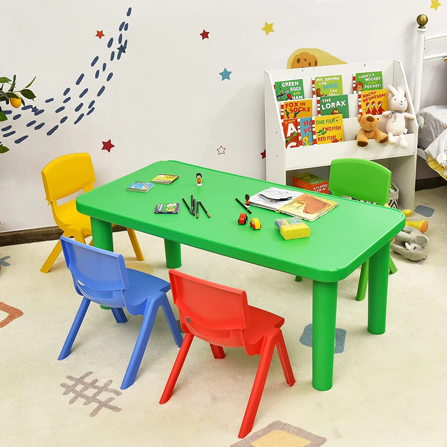 Kids Table and Chair Set, Plastic Learn and Play Activity Set, Colorful Stackable Chairs, Portable Table for School Home Play Room (Table & 4 Chairs)