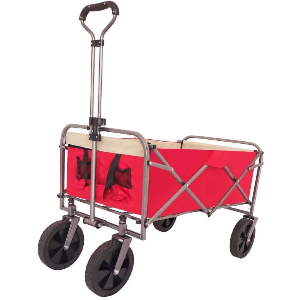 Penck Extra Large Collapsible Garden Cart,  Folding Wagon Utility Carts with Wheels and Rear Storage, Wagon Cart for Garden, Camping, Grocery Cart, Shopping Cart, Red