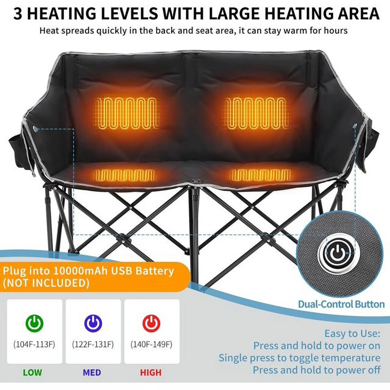 ABORON Heated Double Camping Chair, Folding Camping Loveseat Duo Chair for Adults, Padded Oversized Double Folding Chair, Heating Camping Bench Lawn Chairs Patio Lounge Chairs for Adults