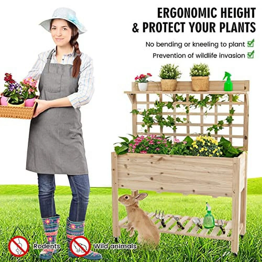 S AFSTAR Raised Garden Bed with Trellis, 41.5x16x54in Mobile Elevated Planter Box with Wheels, Bed Liner, Top/Bottom Storage Shelves, Freestanding Wood Planter Stand for Garden Patio Balcony
