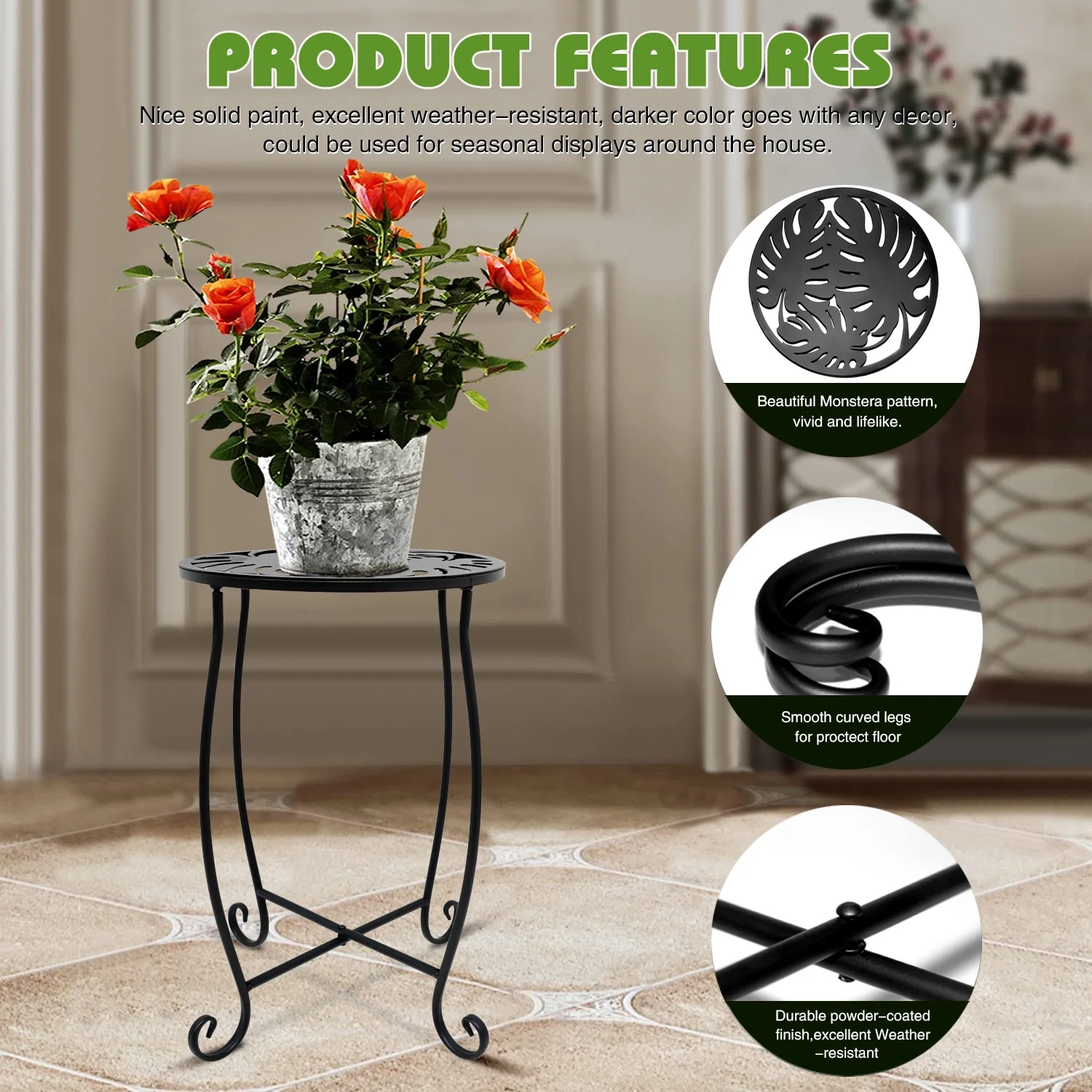 Rekopi Indoor Outdoor Side Tables, Versatile Round Metal End Table 15'' Tall Plant Stand for Patio Balcony Yard Porch