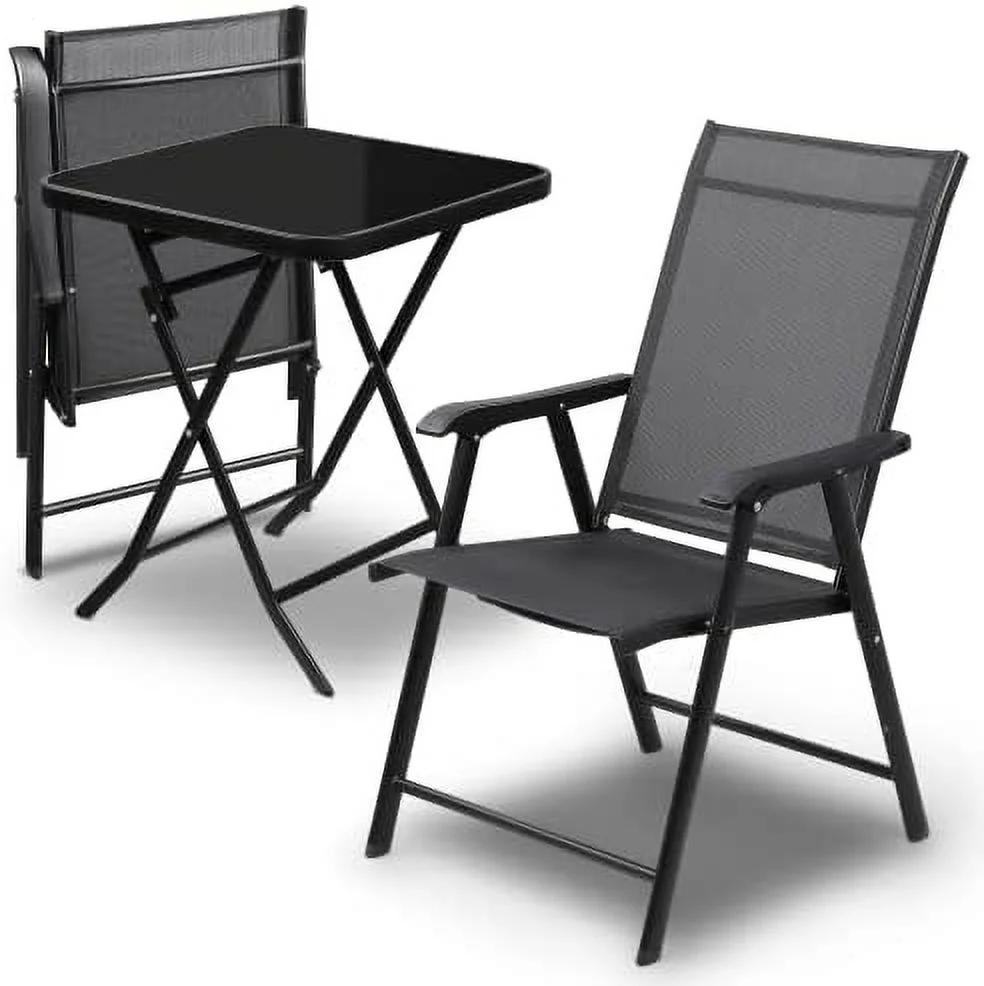JDZHAPPYLIFE Patio  Set of 3 Folding Rattan Chair Outdoor Conversation Sets Foldable Coffee Table Lawn Balcony Poolside Backyard