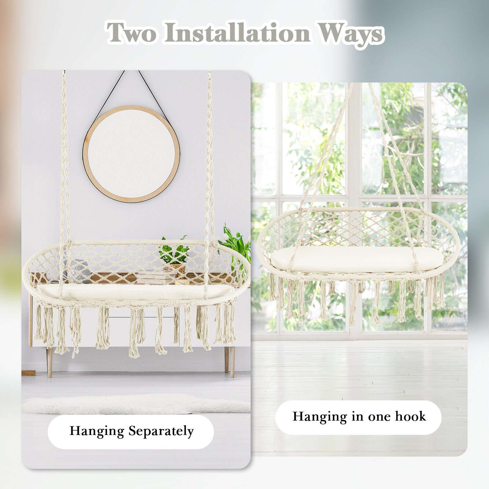 2 Person Hanging Hammock Chair with Cushion Macrame Swing 330 lbs Capacity Beige