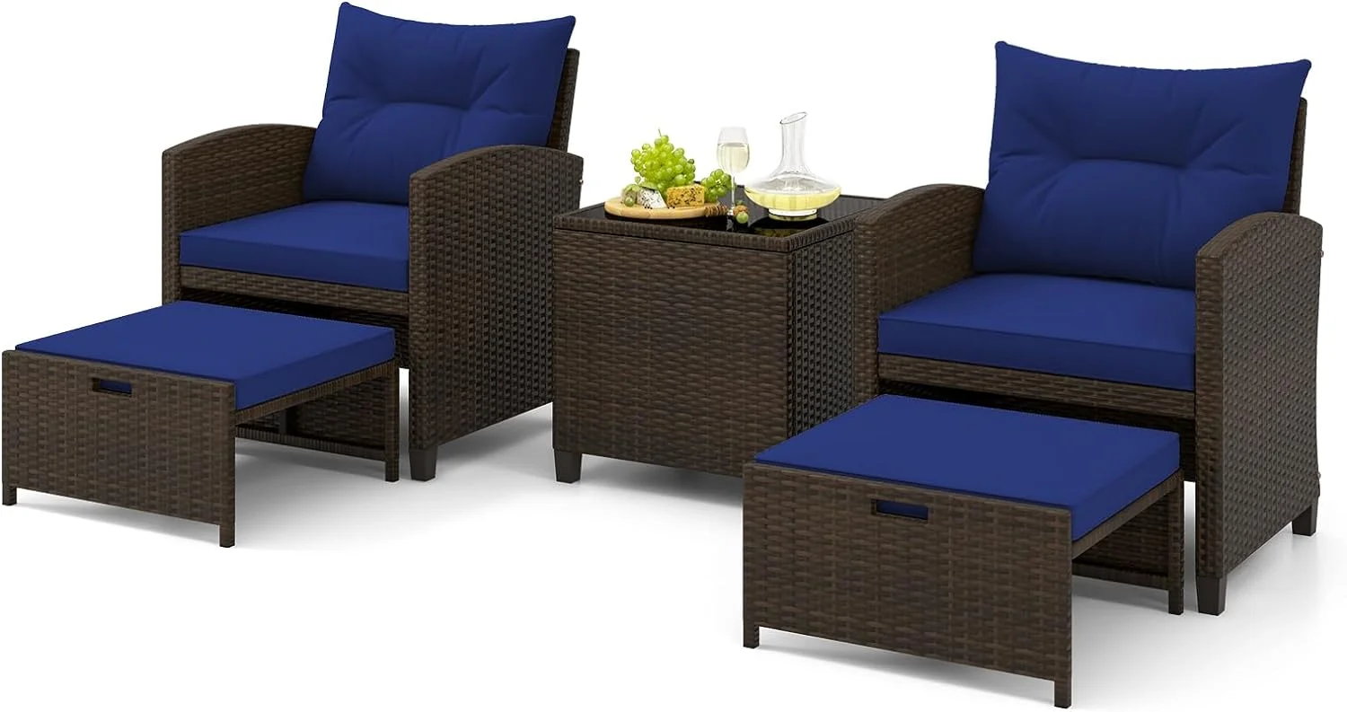Dina 5 Piece Patio Rattan Furniture  Wicker Cushioned Chairs Set w/ 2 Ottomans & Tempered Glass Coffee Table  for Poolside  Backyard  Lawn  Deck (Mix Gray+Navy)