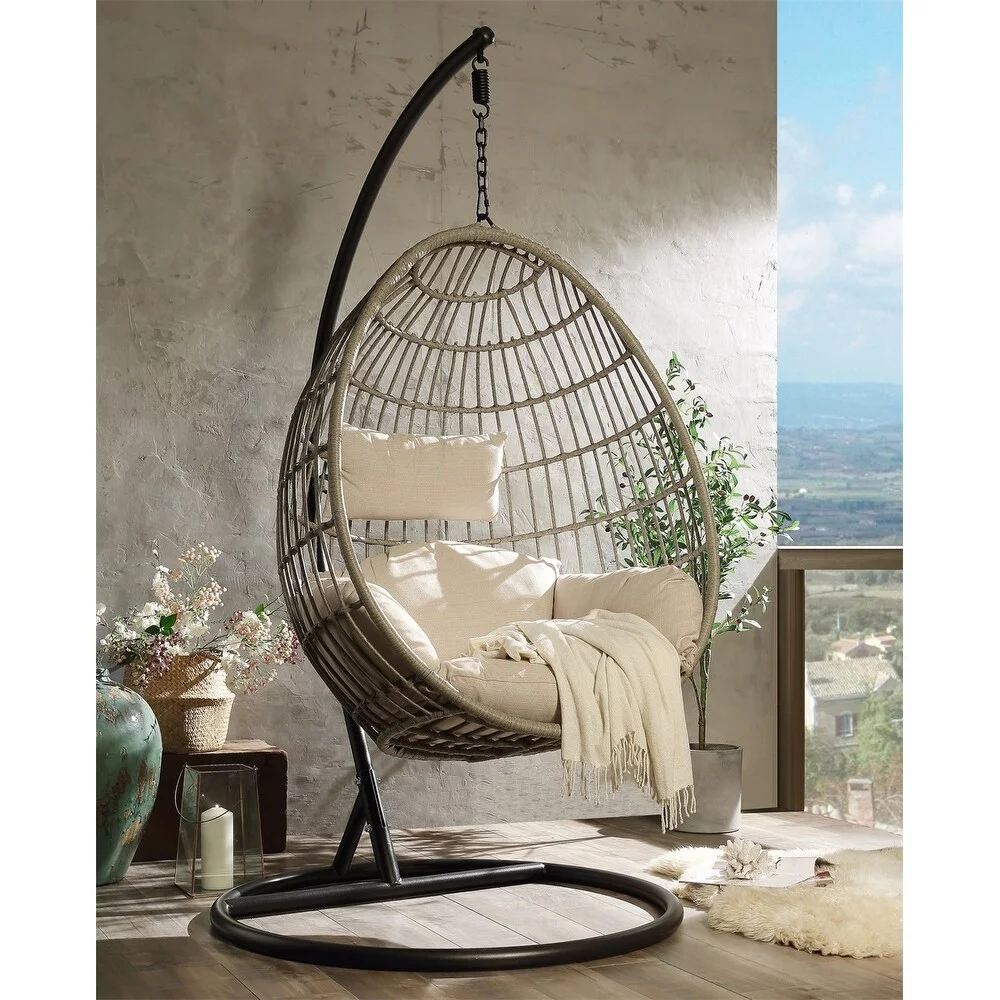YJTONWIN Brown Wicker Patio Swing Chair with Stand and Beige Cushion