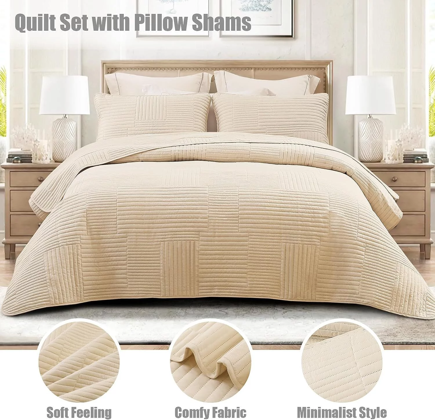 Whale Flotilla King Quilt Set, Soft and Lightweight Bedspreads Coverlet with Striped Pattern, Bedding Sets with 2 Pillow Shams, Reversible Bed Cover for All Seasons, 96x104 Inches，Bone Grid