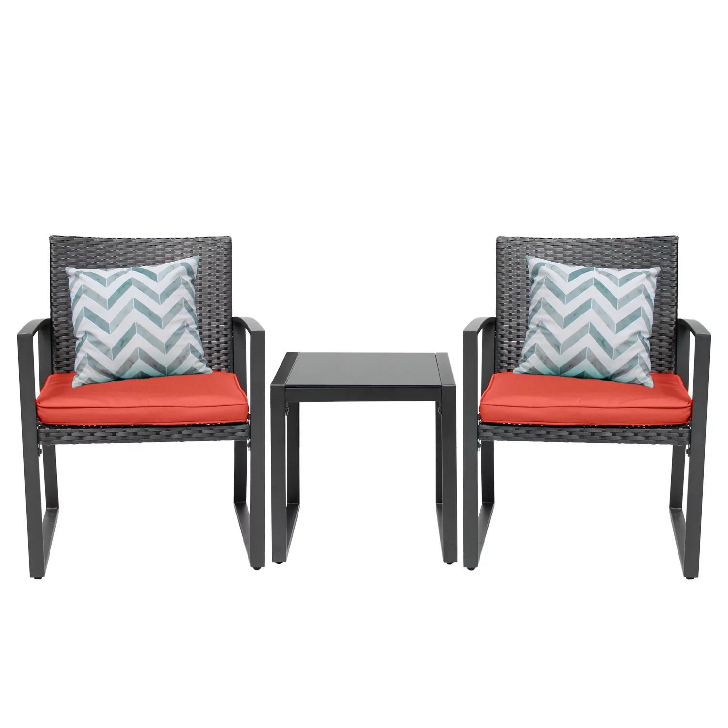Patio Garden Balcony and Backyard3-Piece Conversation Black Wicker Furniture-Two Chairs with Glass Coffee Table Red