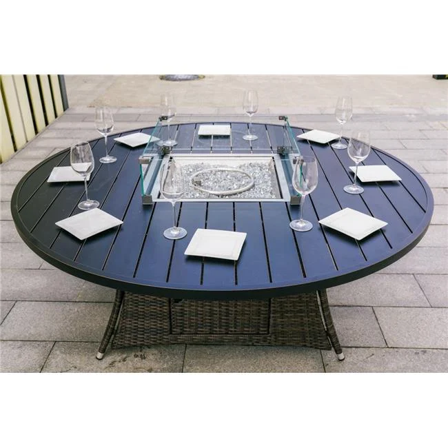 324.91 x 27.56 x 72.93 in. Round Outdoor Gas Fir Pit Table with Chairs, Brown