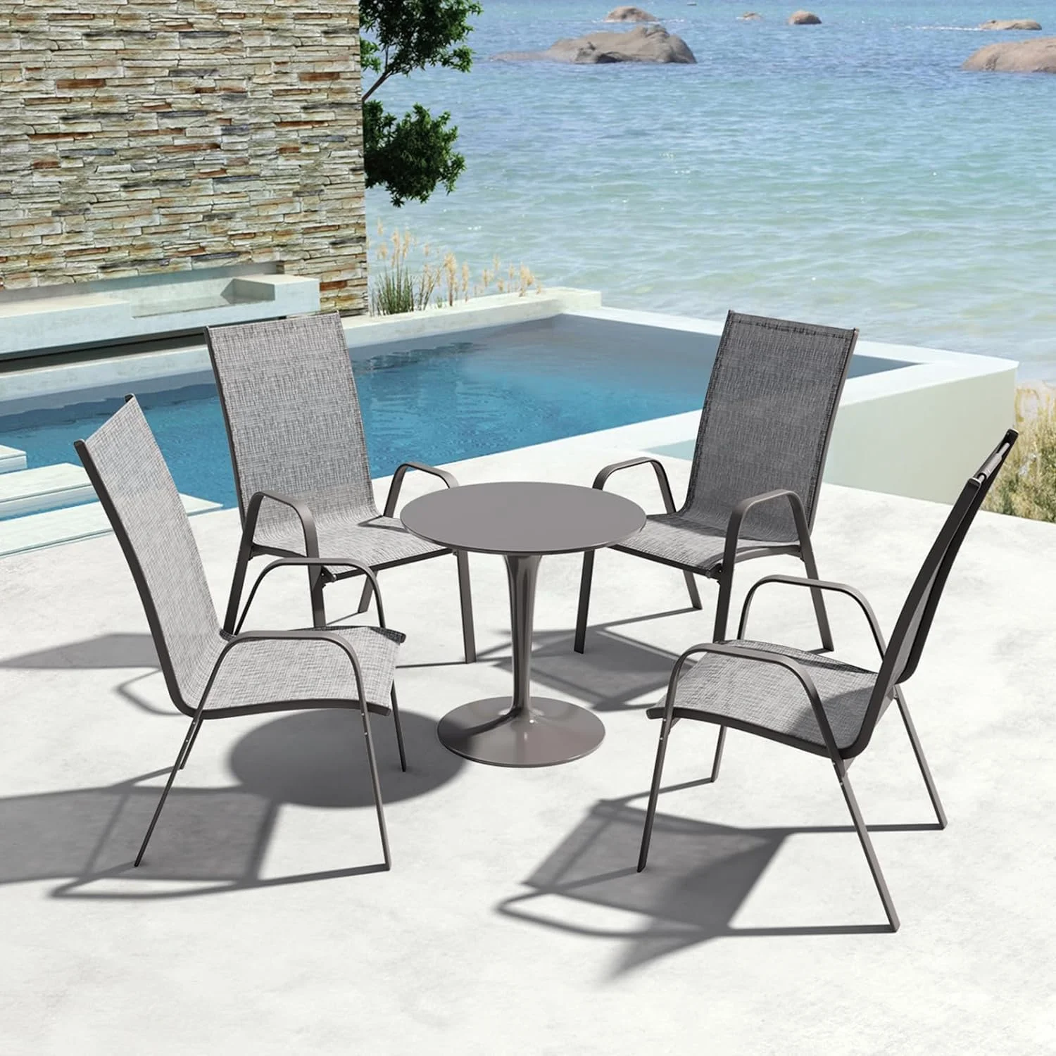 JEAREY Patio Chairs Set of 2, Outdoor Stackable Dining Chairs with Armrests, Breathable Garden Outdoor Furniture for Garden Patio Pool Beach Yard, Grey