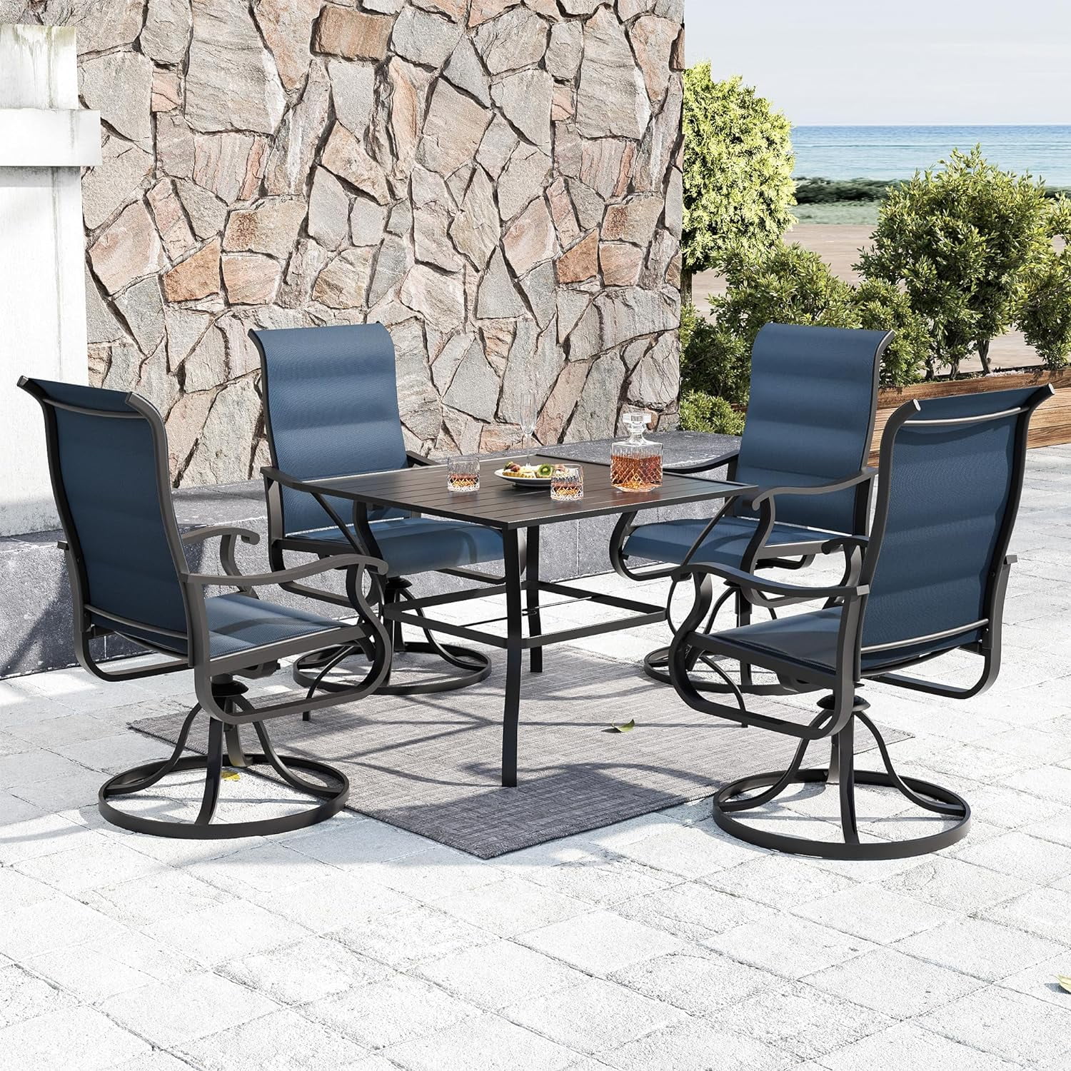Patio Swivel Chairs Set of 4, Outdoor Dining Chairs with High Back, All-Weather Swivel Rocker Chair for Lawn, Porch or Garden (Padded Navy)