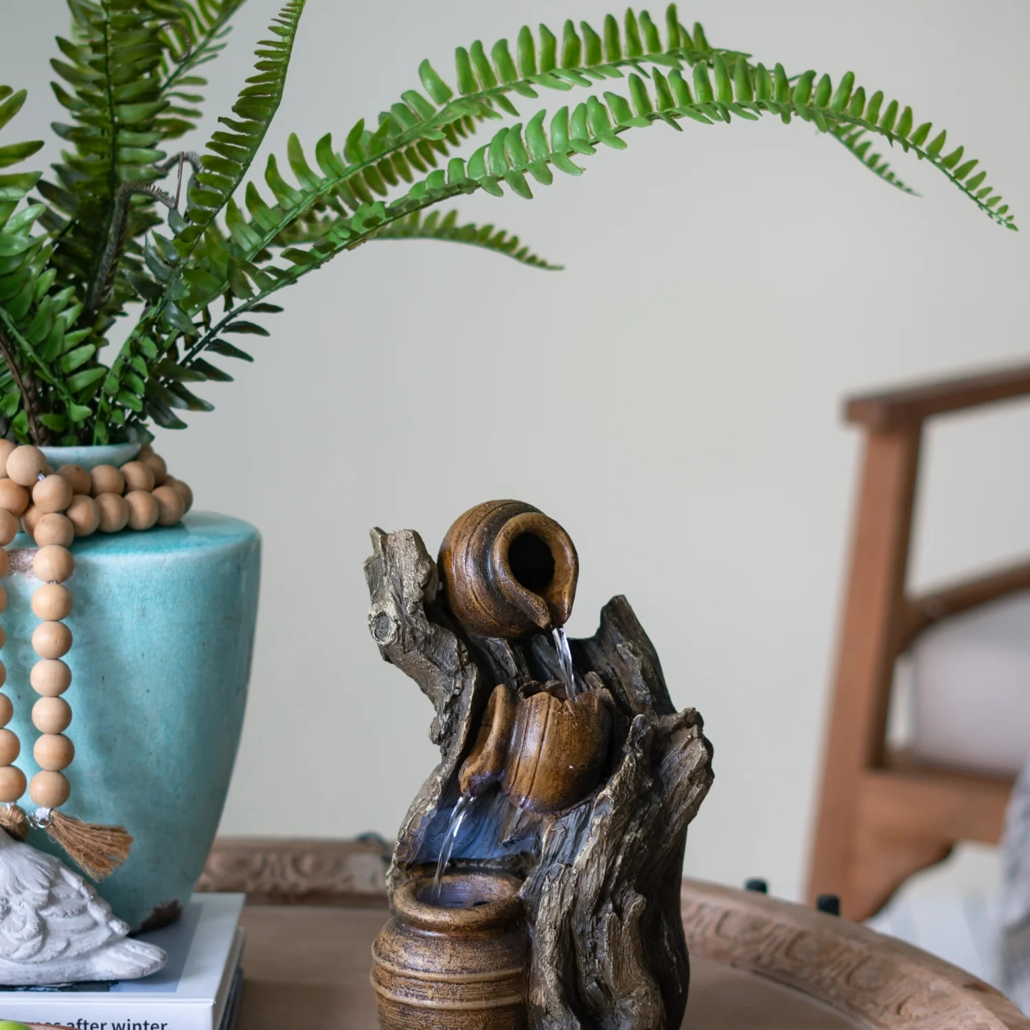 TQJKLFDY 7.7x3.9x13.6” Brown and Gray Water Fountain with Antique Water Pump Design and LED Light